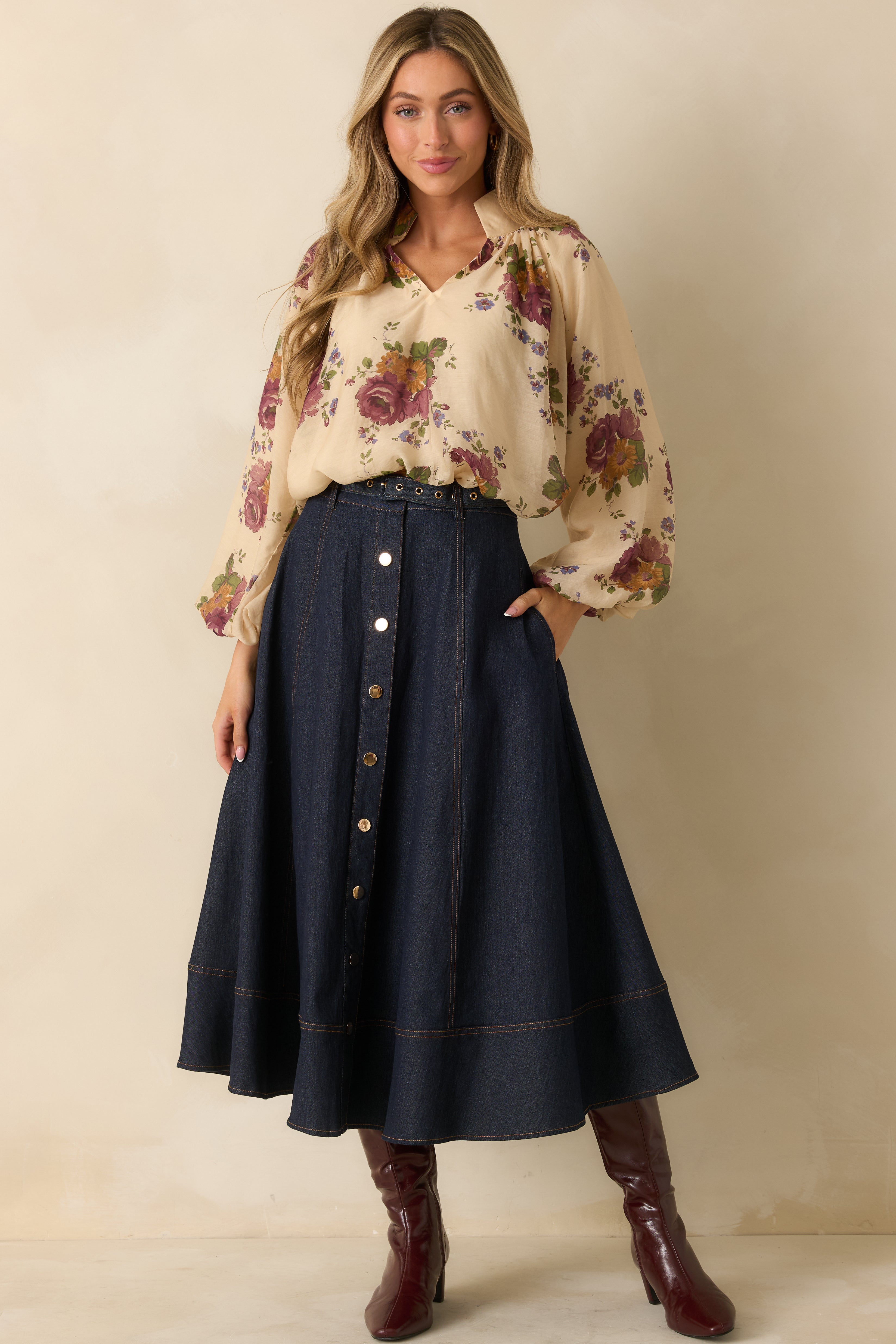 On The Books Dark Wash Cotton Denim Button Up Midi Skirt