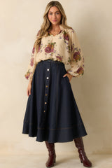 On The Books Dark Wash Cotton Denim Button Up Midi Skirt