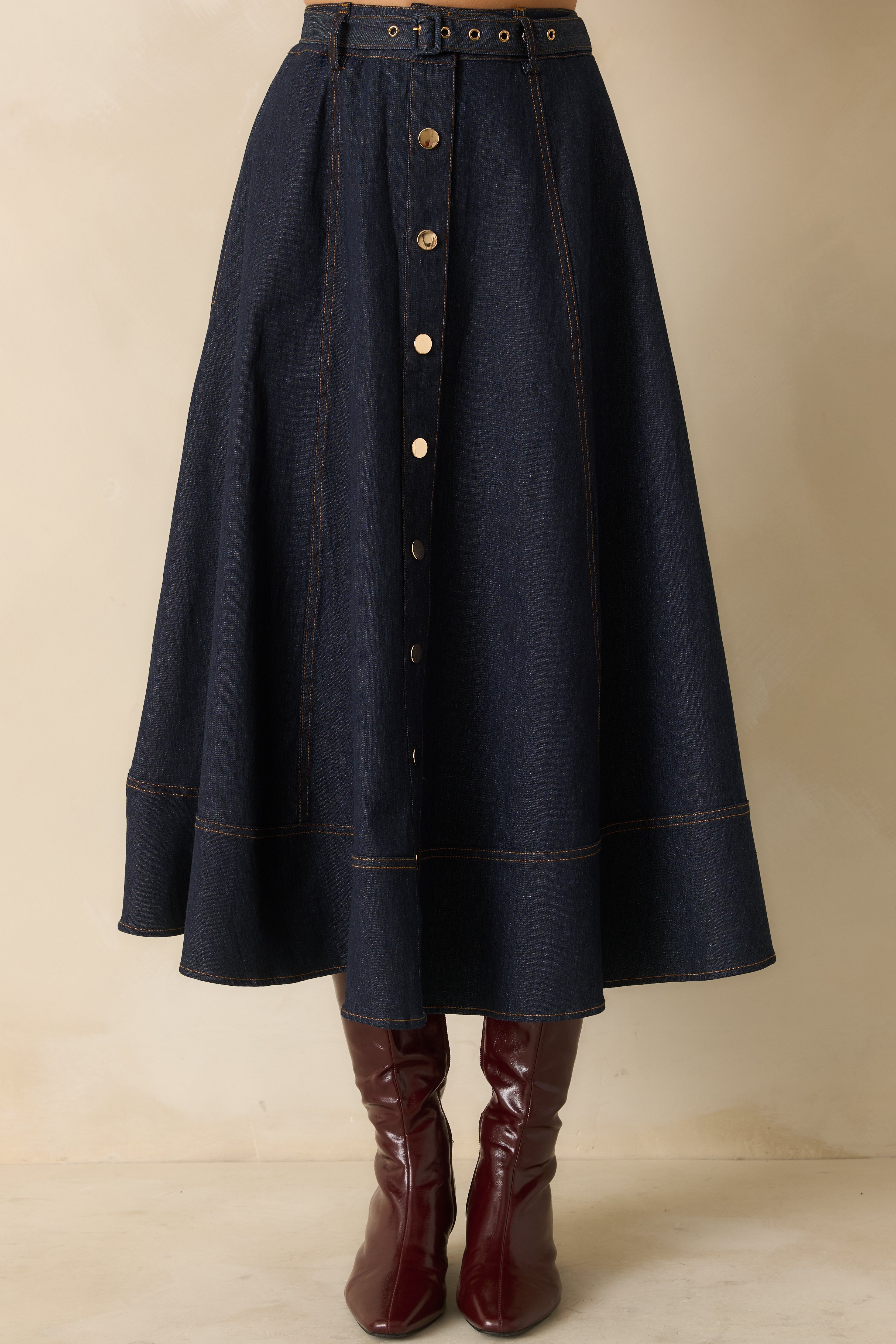 On The Books Dark Wash Cotton Denim Button Up Midi Skirt