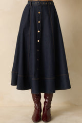 On The Books Dark Wash Cotton Denim Button Up Midi Skirt
