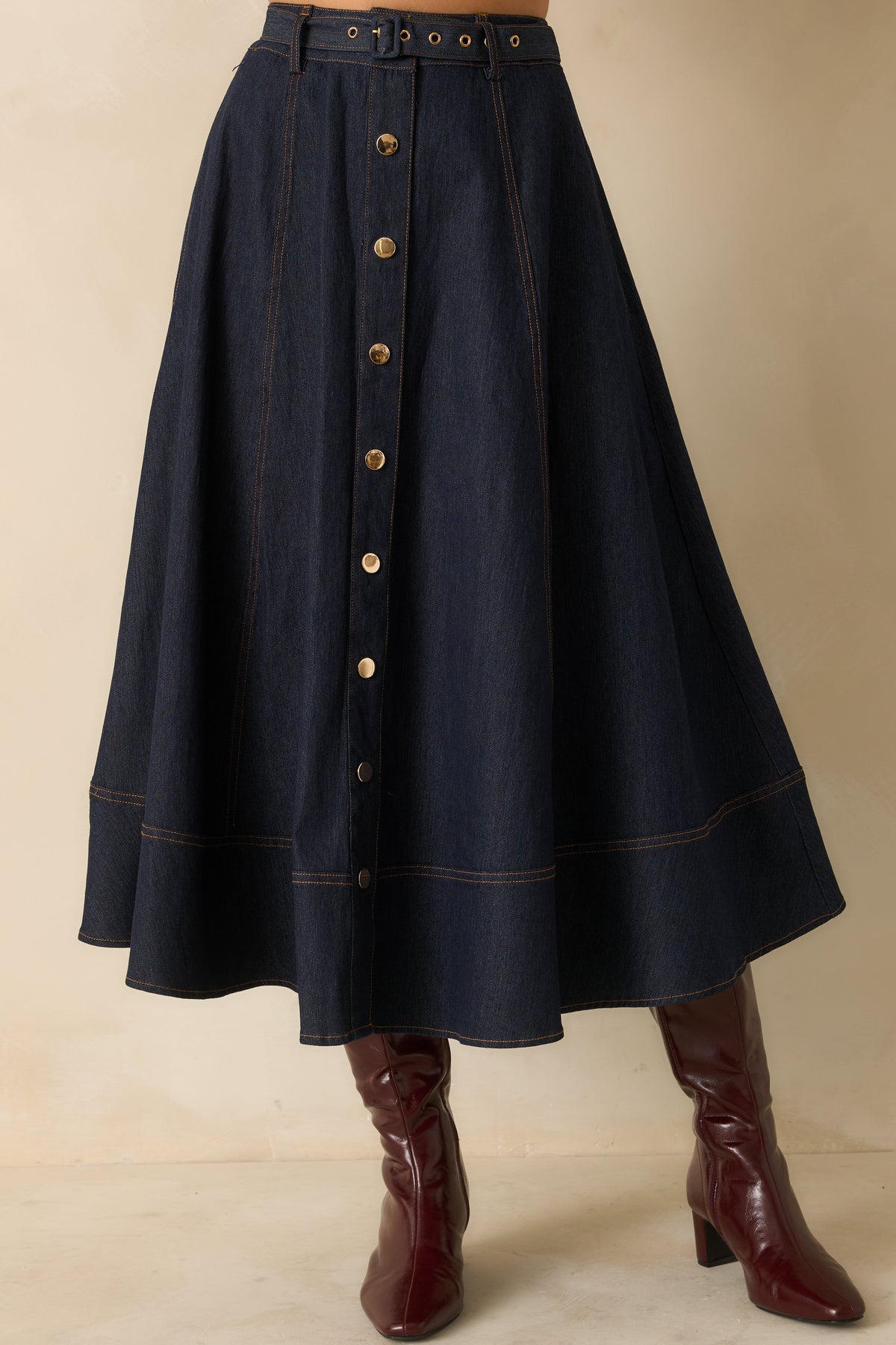 On The Books Dark Wash Cotton Denim Button Up Midi Skirt