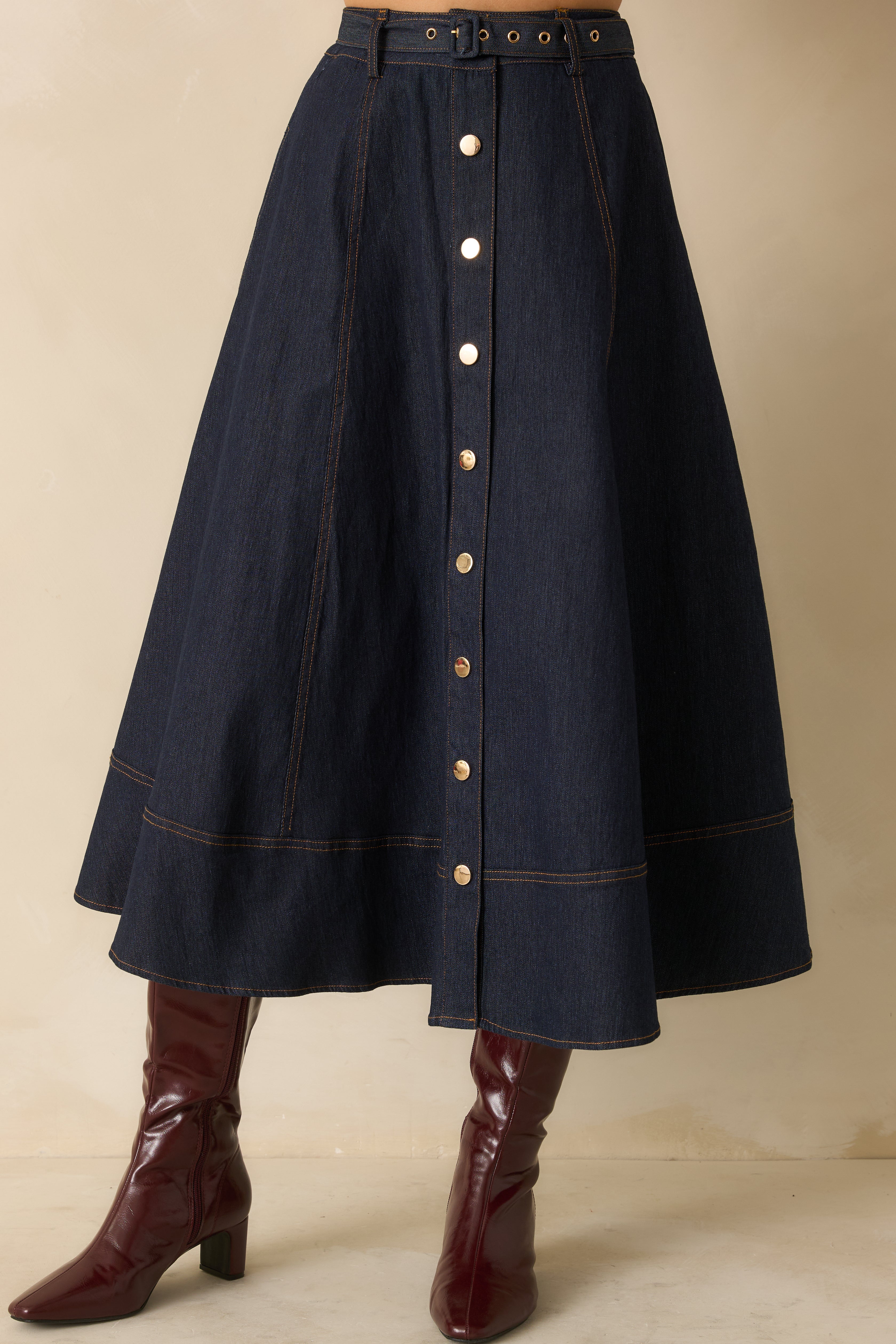 On The Books Dark Wash Cotton Denim Button Up Midi Skirt