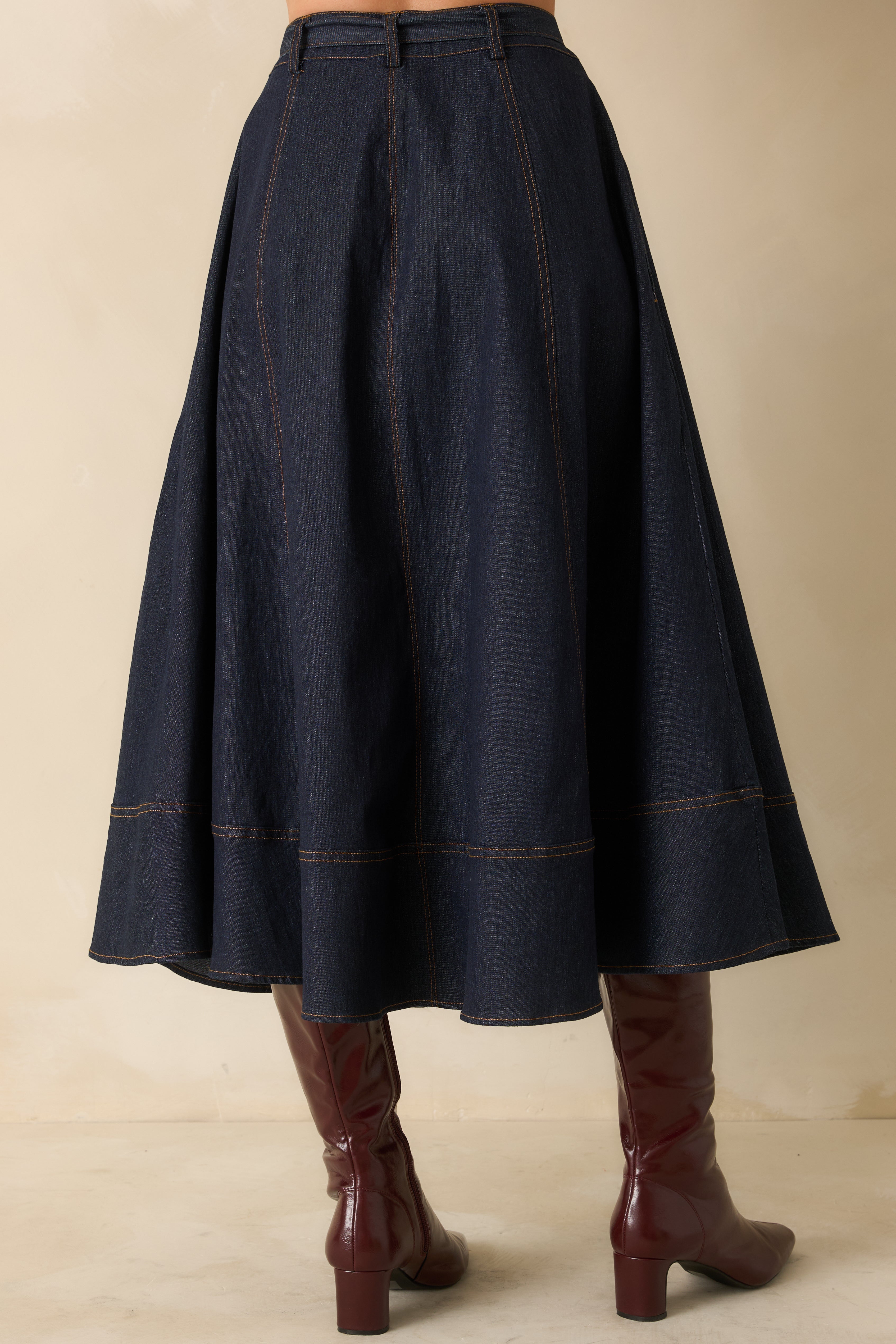 On The Books Dark Wash Cotton Denim Button Up Midi Skirt