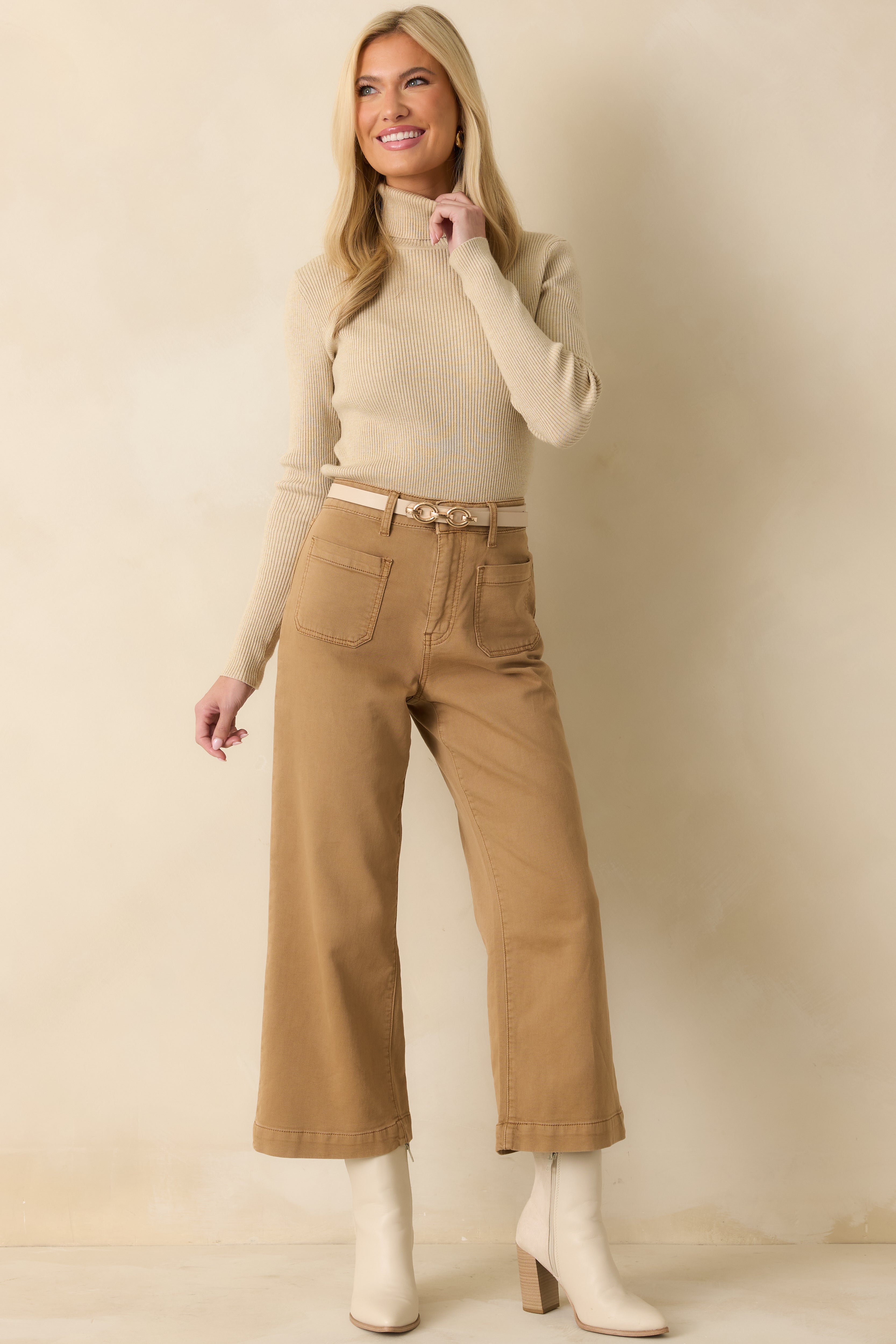 Let It Be Khaki Ribbed Long Sleeve Turtleneck Sweater