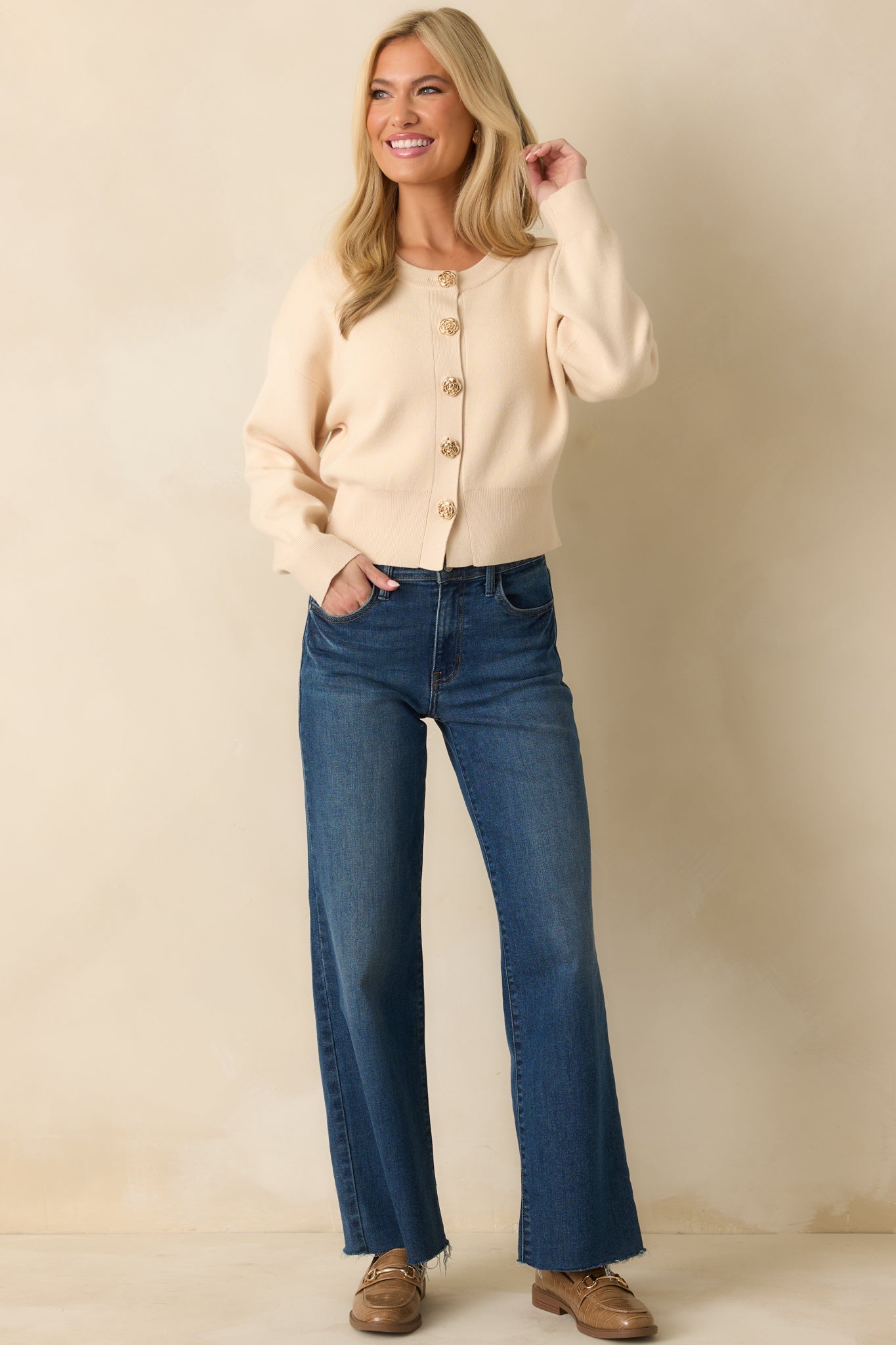 Kind Of Comforting Ecru Beige Button Front Long Sleeve Cardigan