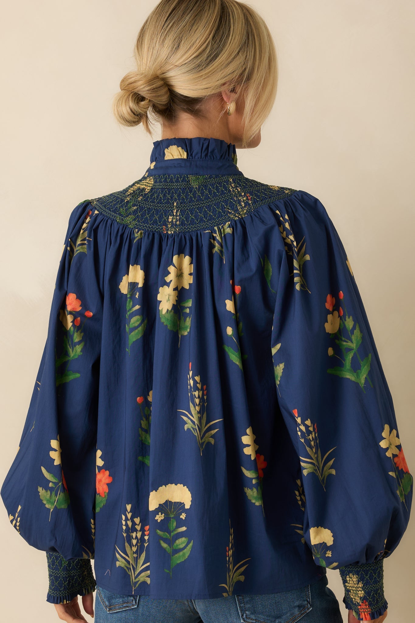 Charmed Again Navy Floral Print Cotton Bishop Sleeve Blouse