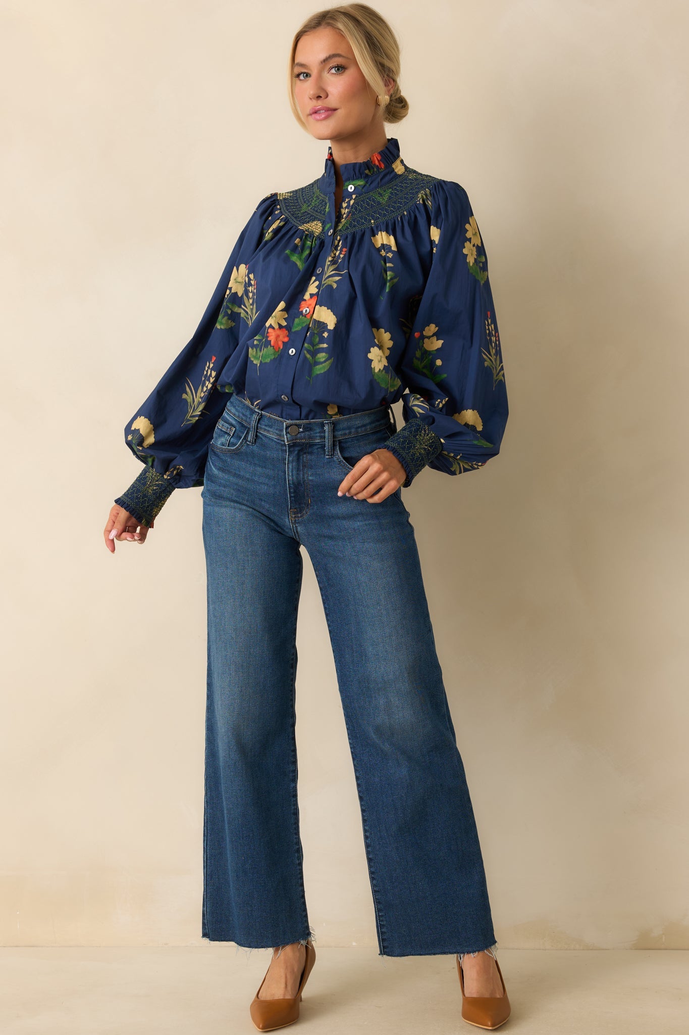 Charmed Again Navy Floral Print Cotton Bishop Sleeve Blouse