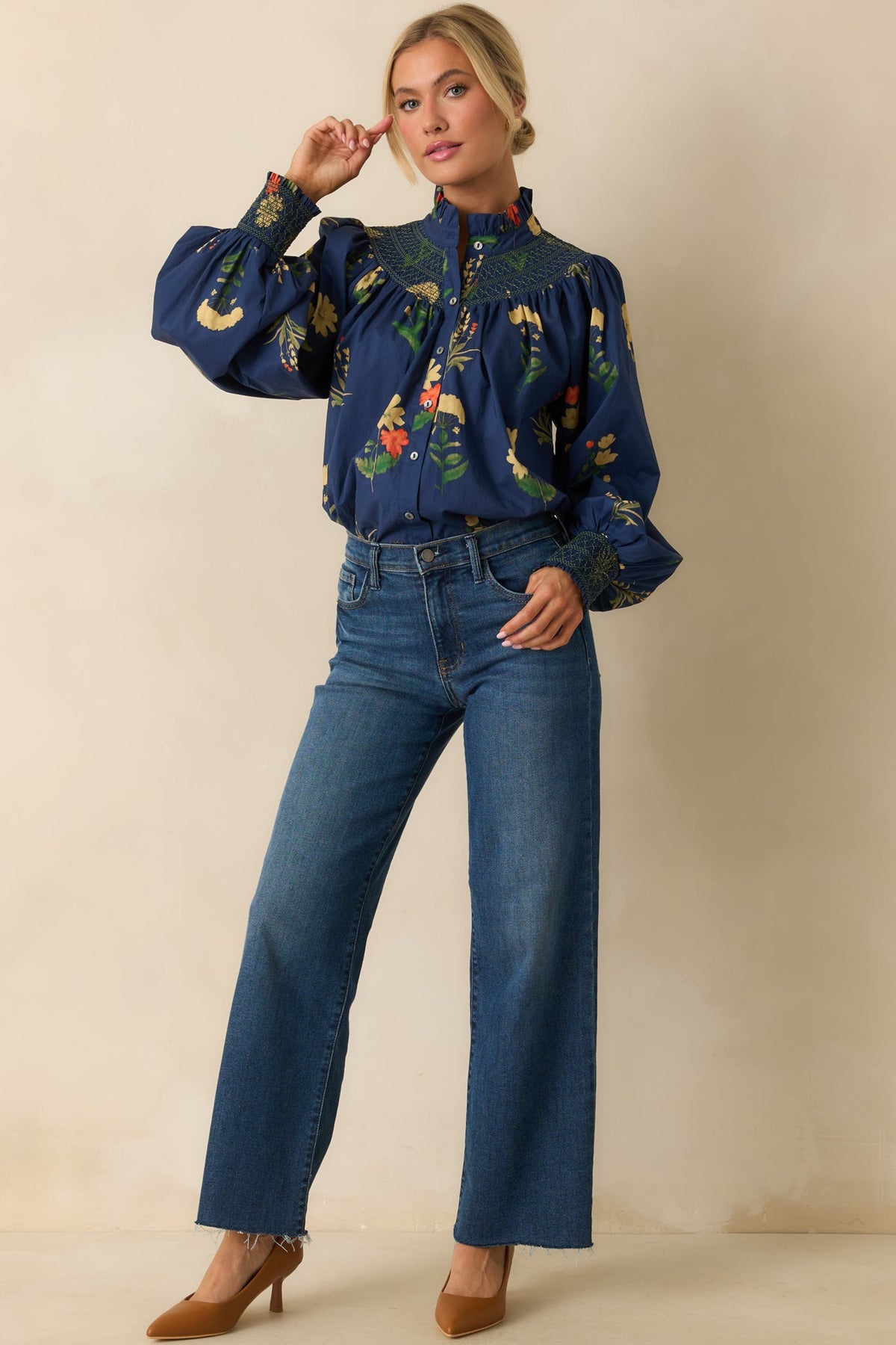 Charmed Again Navy Floral Print Cotton Bishop Sleeve Blouse