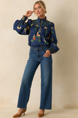Charmed Again Navy Floral Print Cotton Bishop Sleeve Blouse
