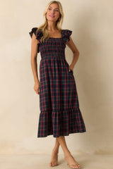 Always Good Cotton Navy Plaid Flutter Sleeve Midi Dress