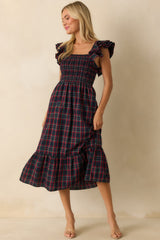 Always Good Cotton Navy Plaid Flutter Sleeve Midi Dress