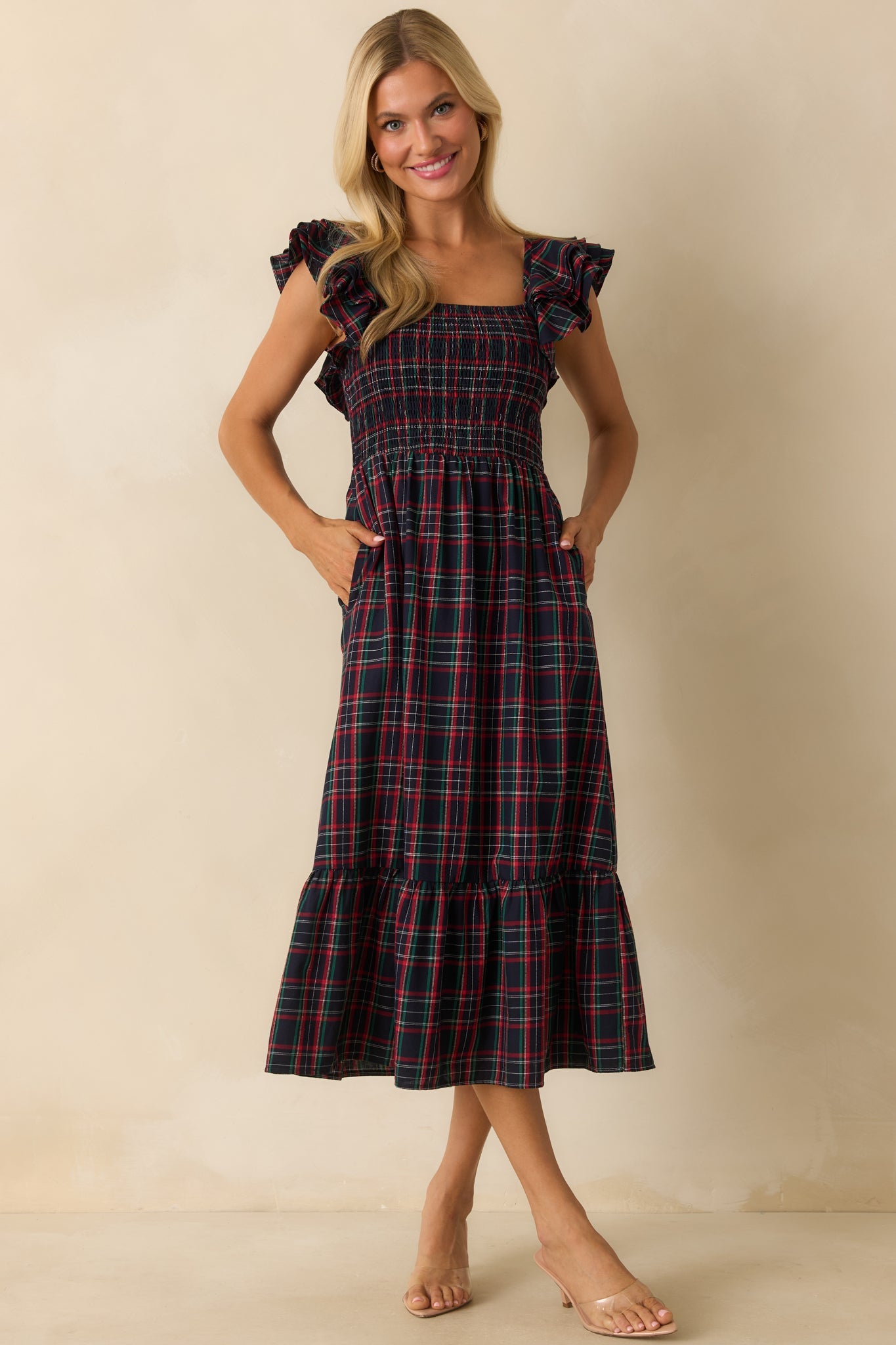 Always Good Cotton Navy Plaid Flutter Sleeve Midi Dress