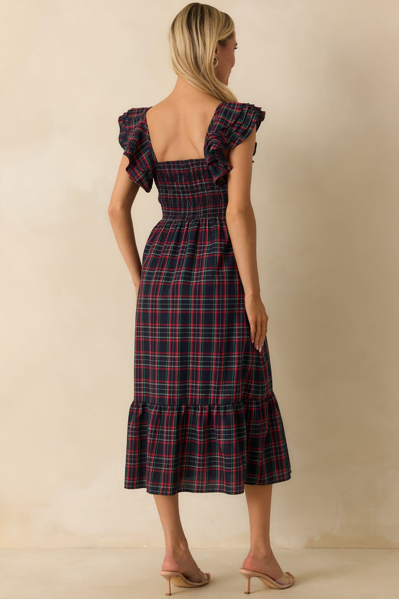 Always Good Cotton Navy Plaid Flutter Sleeve Midi Dress