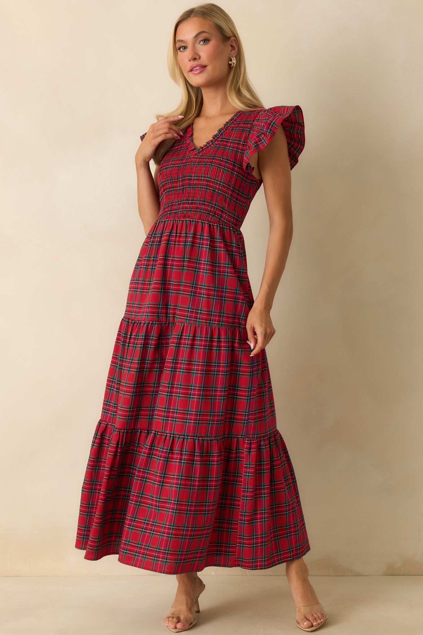 A Place To Be Cotton Red Plaid Maxi Dress