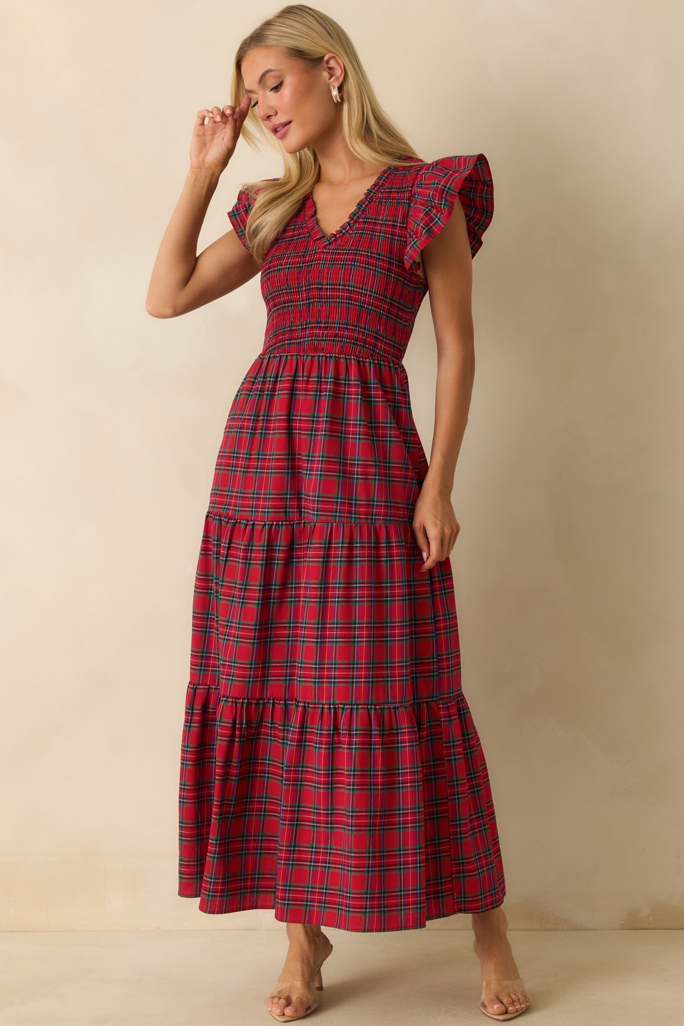 A Place To Be Cotton Red Plaid Maxi Dress