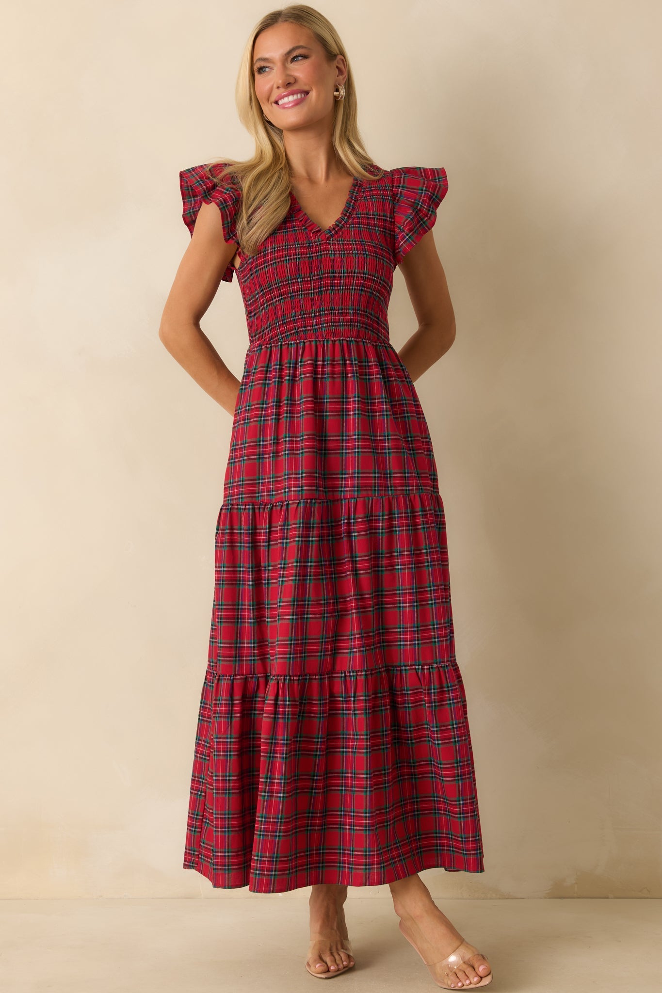 A Place To Be Cotton Red Plaid Maxi Dress