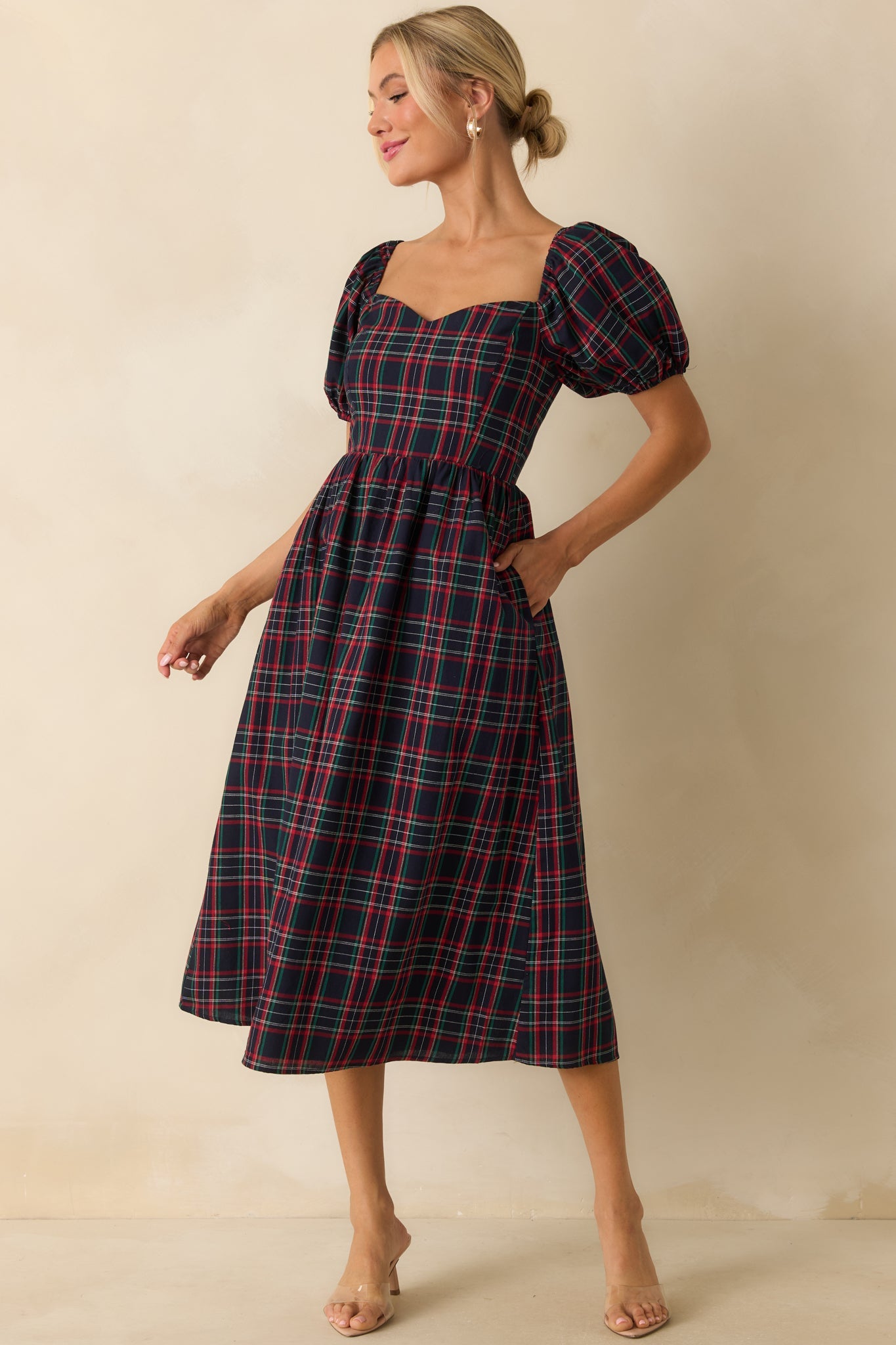 Always You Cotton Navy Plaid Puff Sleeve Midi Dress