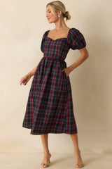 Always You Cotton Navy Plaid Puff Sleeve Midi Dress