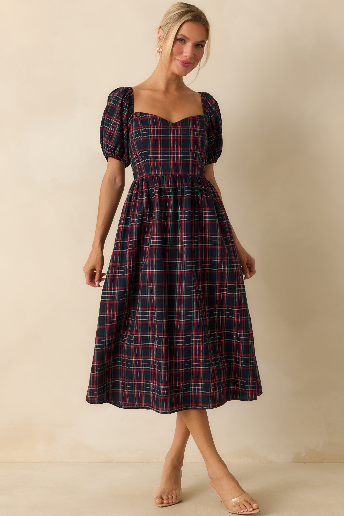 Always You Cotton Navy Plaid Puff Sleeve Midi Dress