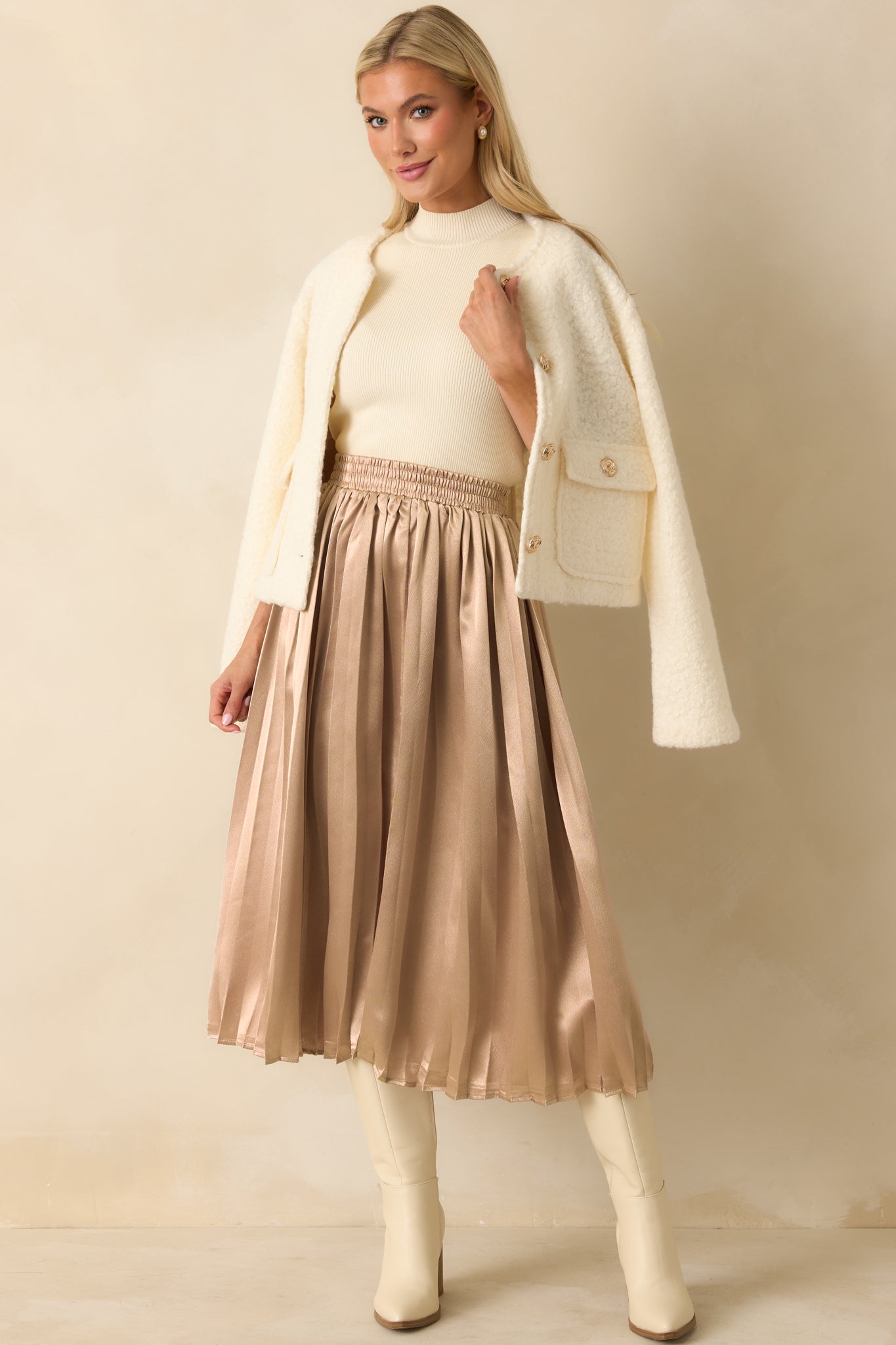 Lost In The Stars Champagne Pleated Midi Skirt