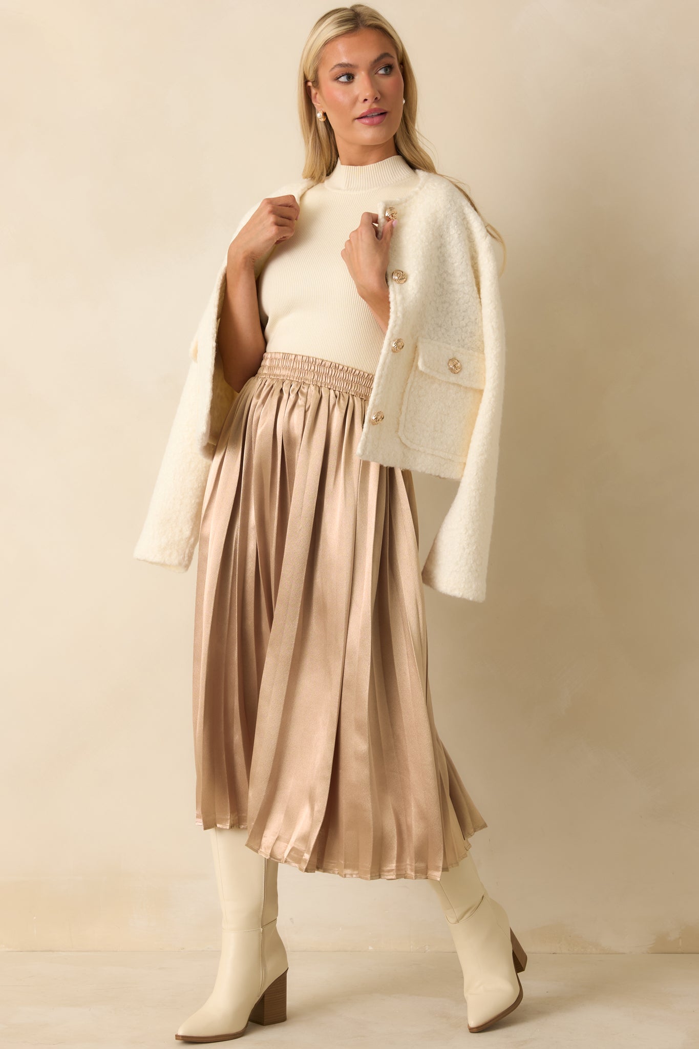 Lost In The Stars Champagne Pleated Midi Skirt