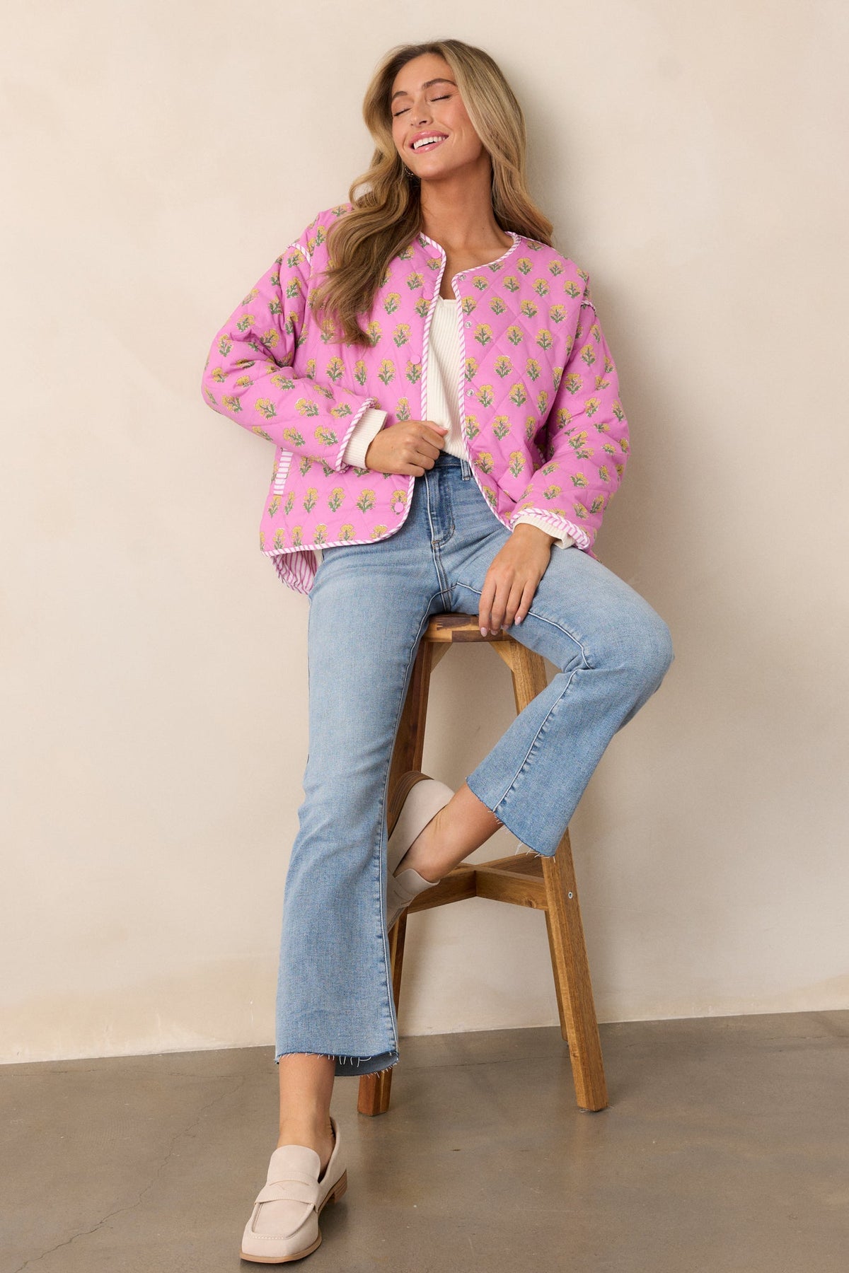 Peaceful Retreat Cotton Pink Floral Quilted Jacket