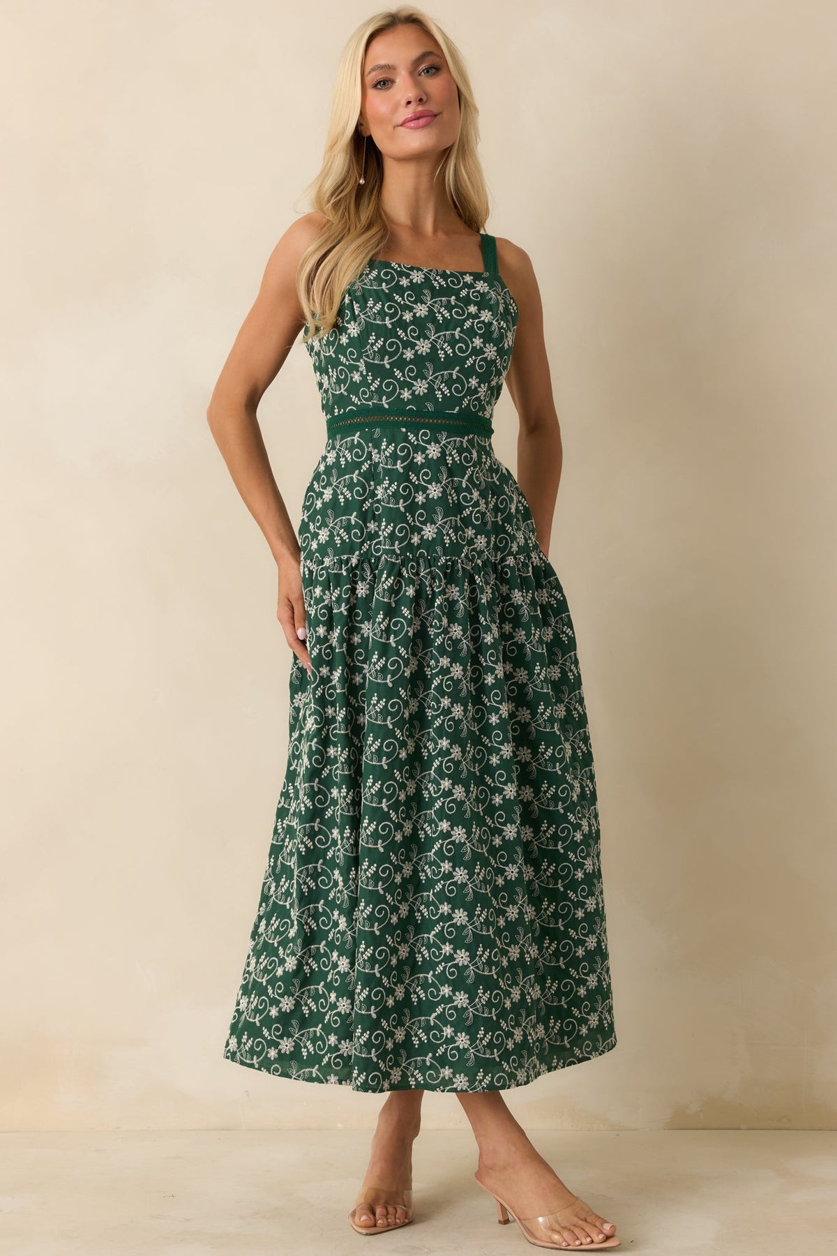 On My Side Hunter Green Floral Embroidered Eyelet Maxi Dress