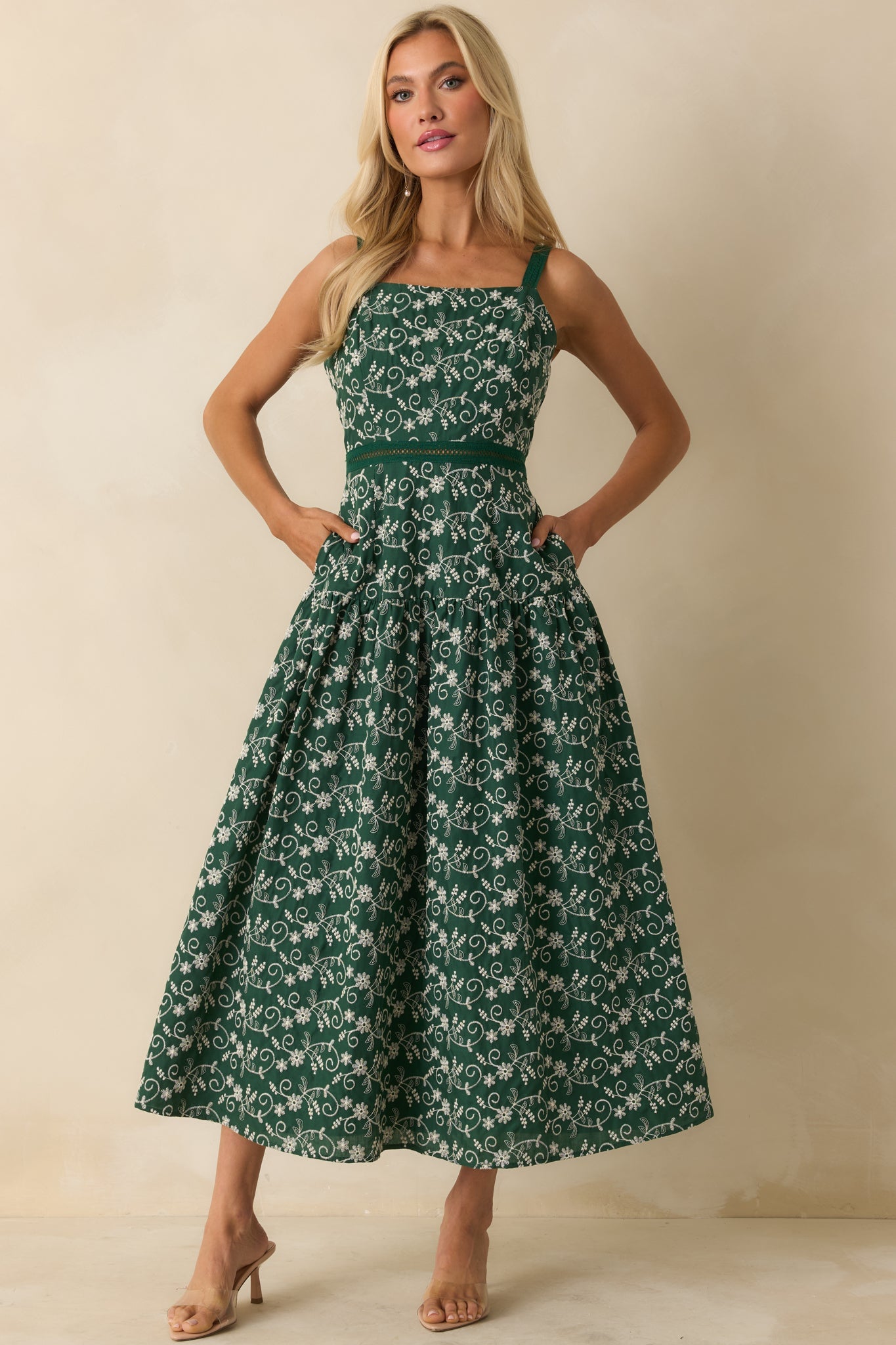 On My Side Hunter Green Floral Embroidered Eyelet Maxi Dress