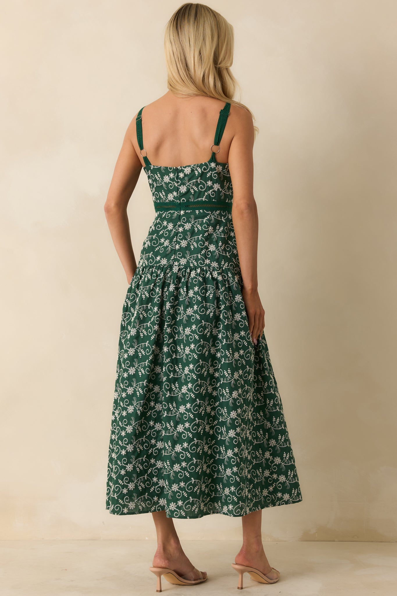 On My Side Hunter Green Floral Embroidered Eyelet Maxi Dress