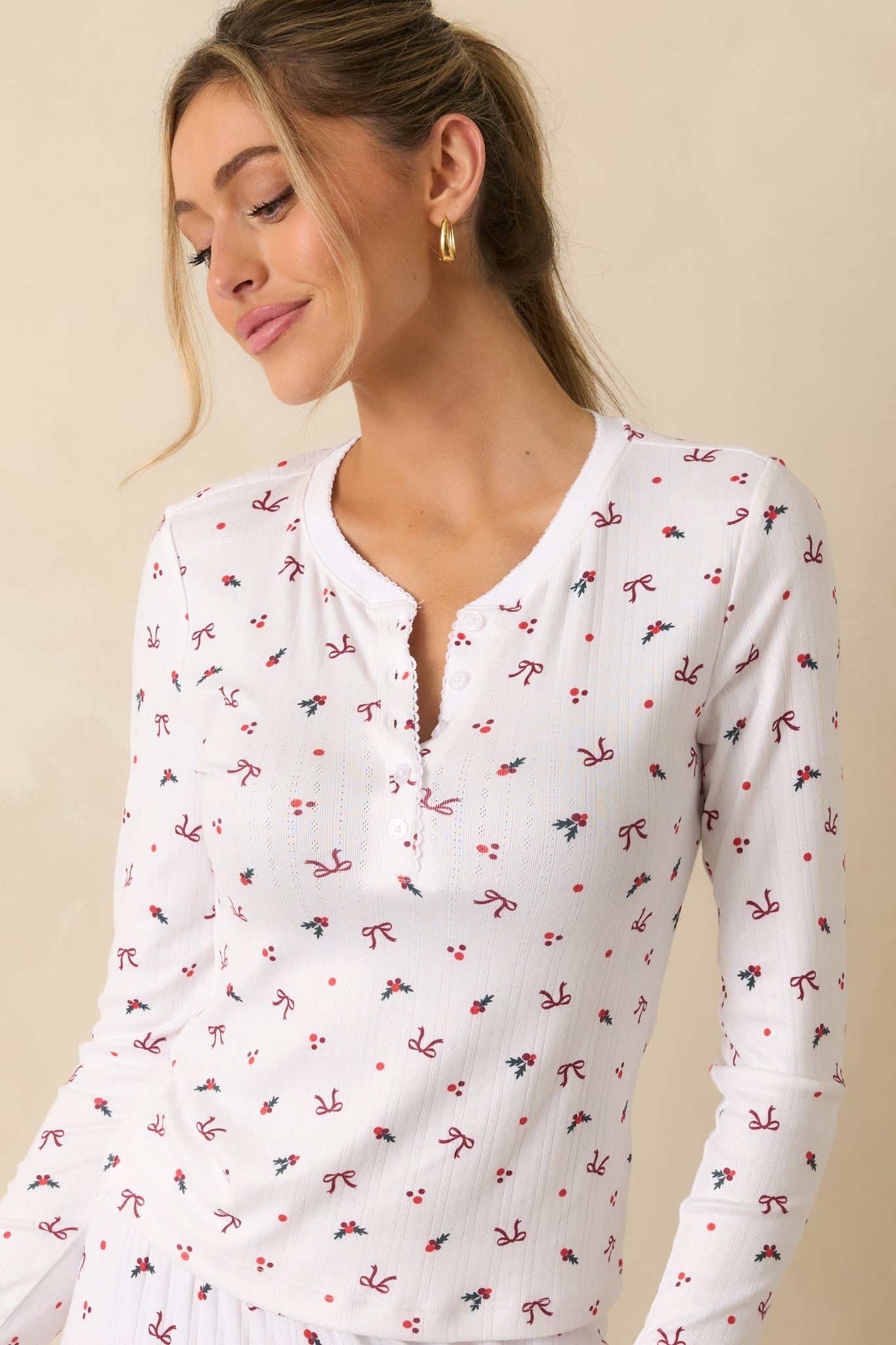 Z Supply White Multi Holly Pointelle Long Sleeve Pajama Top