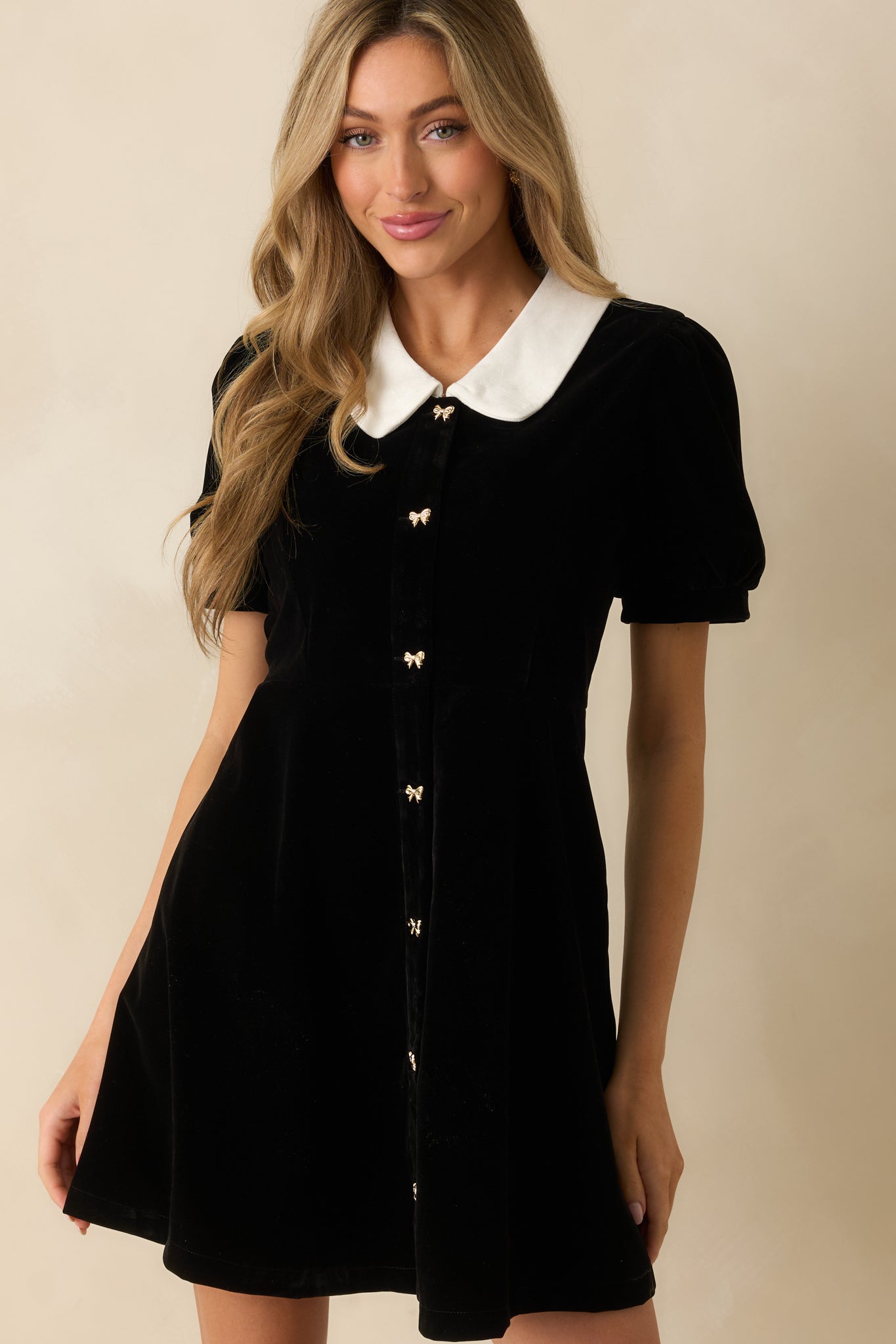 Sweet Society Black Velvet Bow Button Up Mini Dress