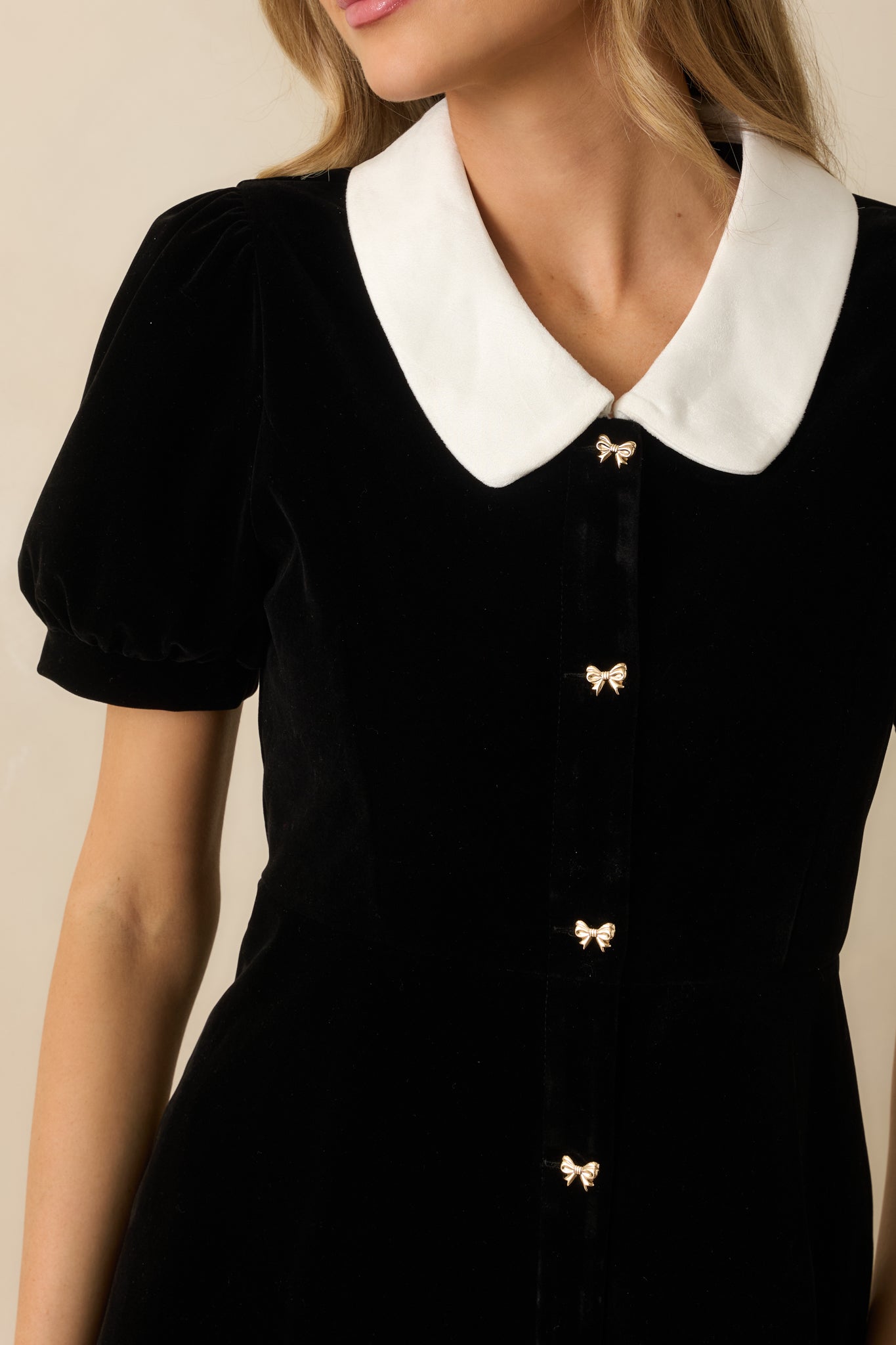 Sweet Society Black Velvet Bow Button Up Mini Dress