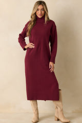 Toasty Thoughts Burgundy Red Knit Turtleneck Sweater Midi Dress