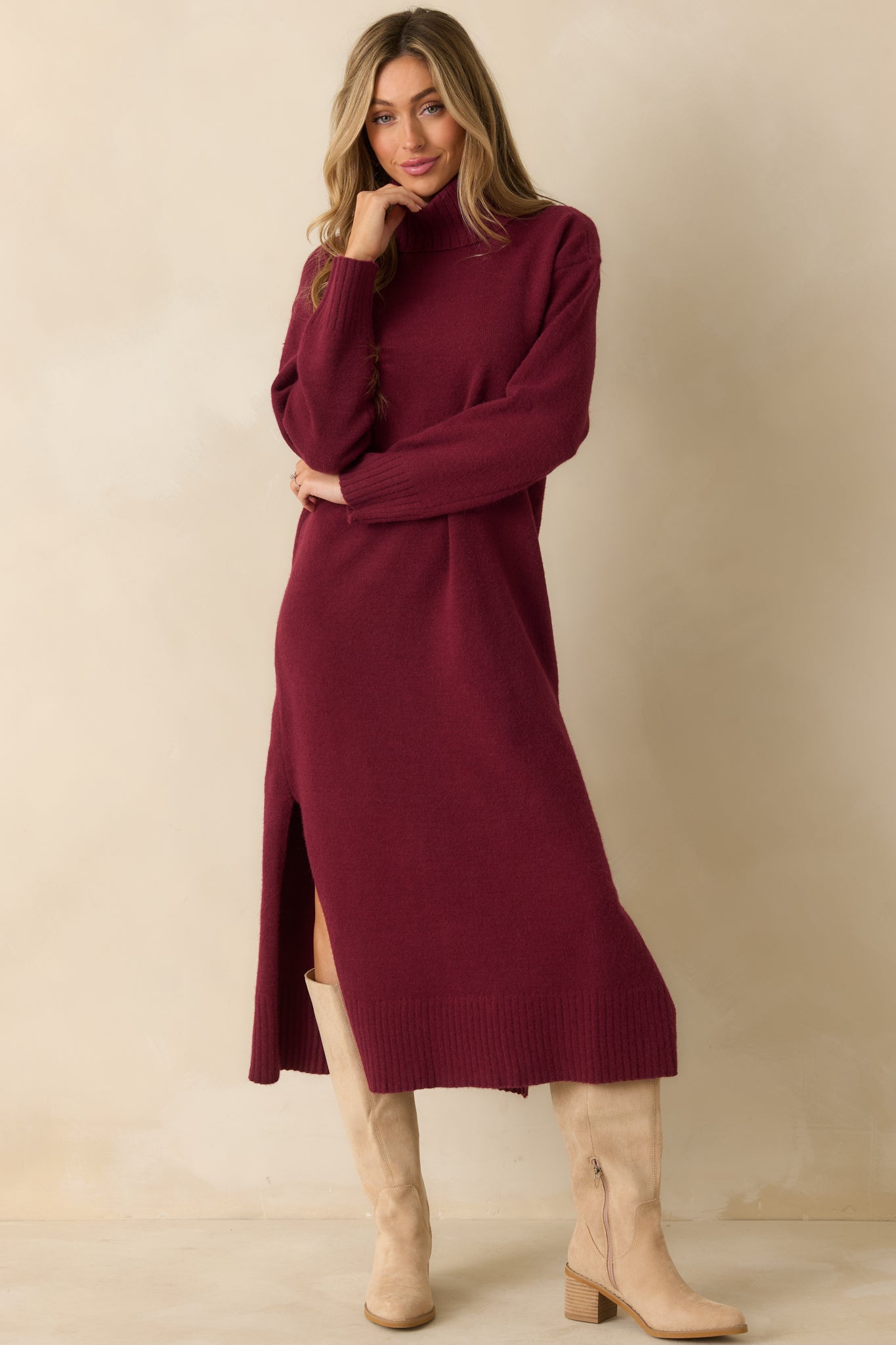 Toasty Thoughts Burgundy Red Knit Turtleneck Sweater Midi Dress