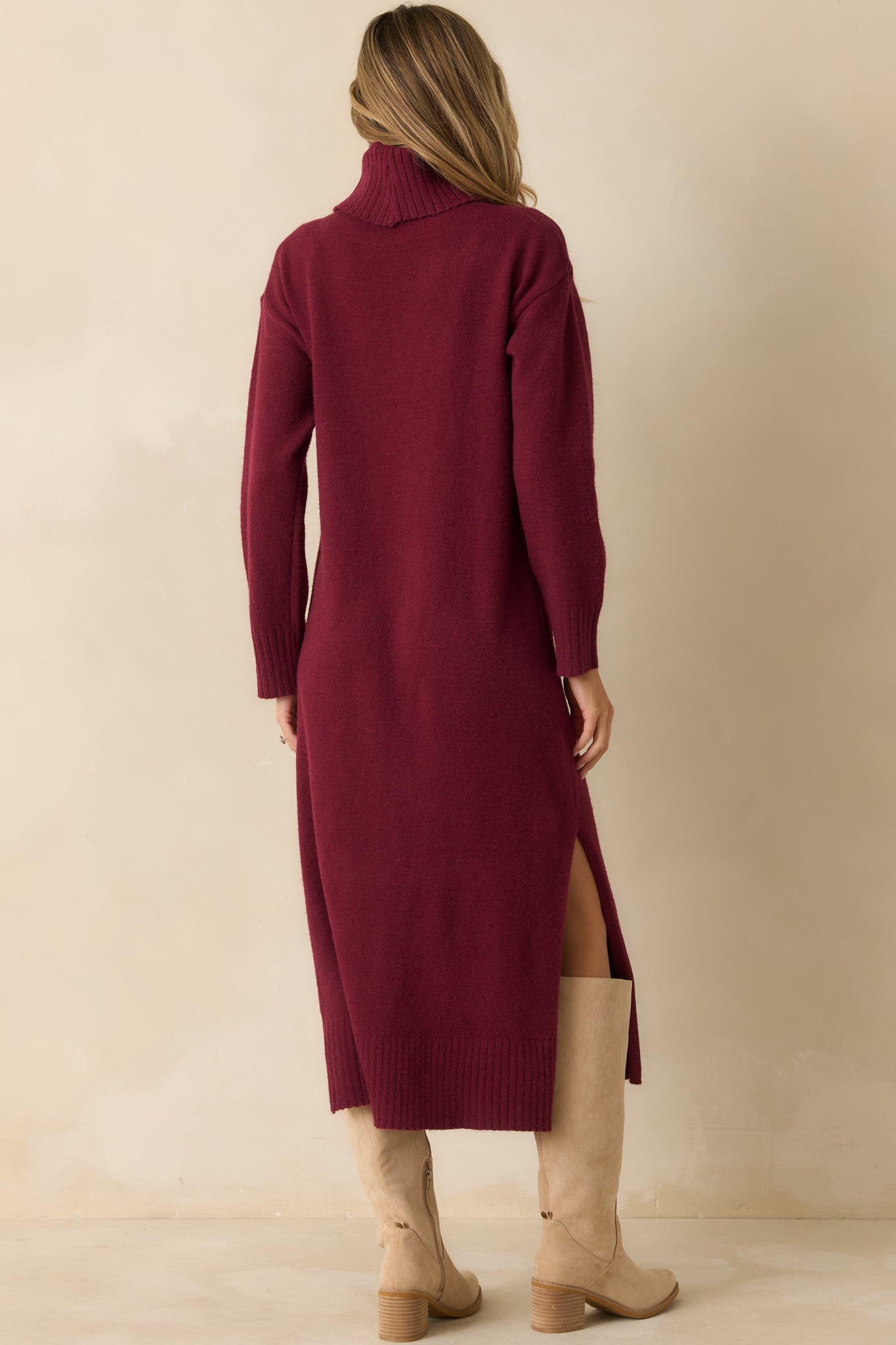 Toasty Thoughts Burgundy Red Knit Turtleneck Sweater Midi Dress