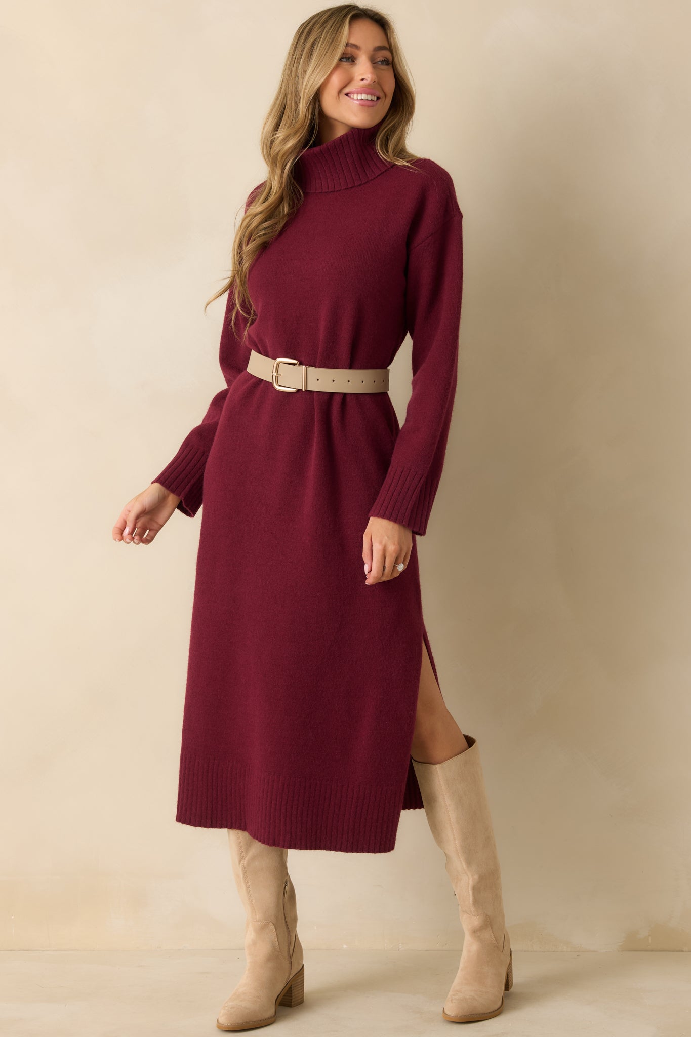 Toasty Thoughts Burgundy Red Knit Turtleneck Sweater Midi Dress