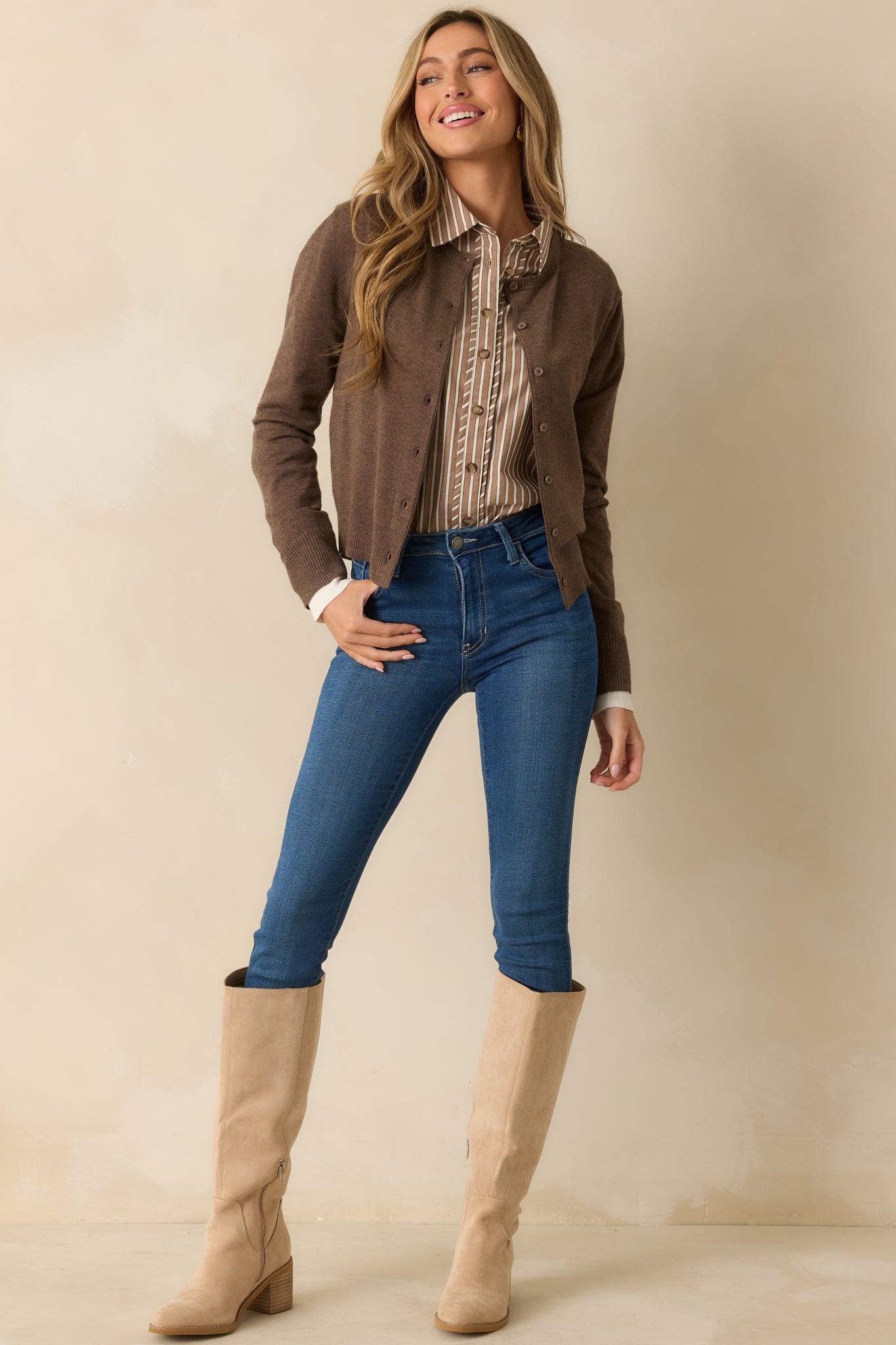 Keep Things Simple Brown Button Front Long Sleeve Cardigan