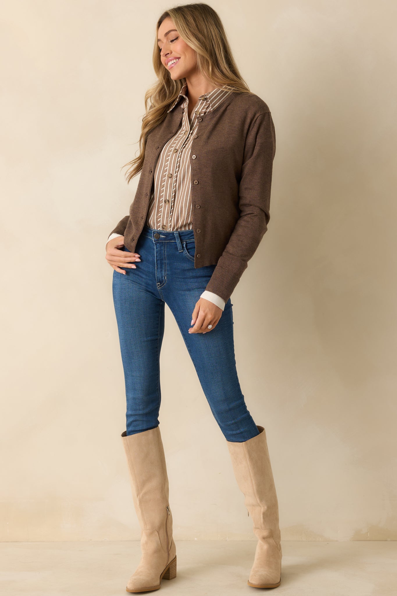 Keep Things Simple Brown Button Front Long Sleeve Cardigan