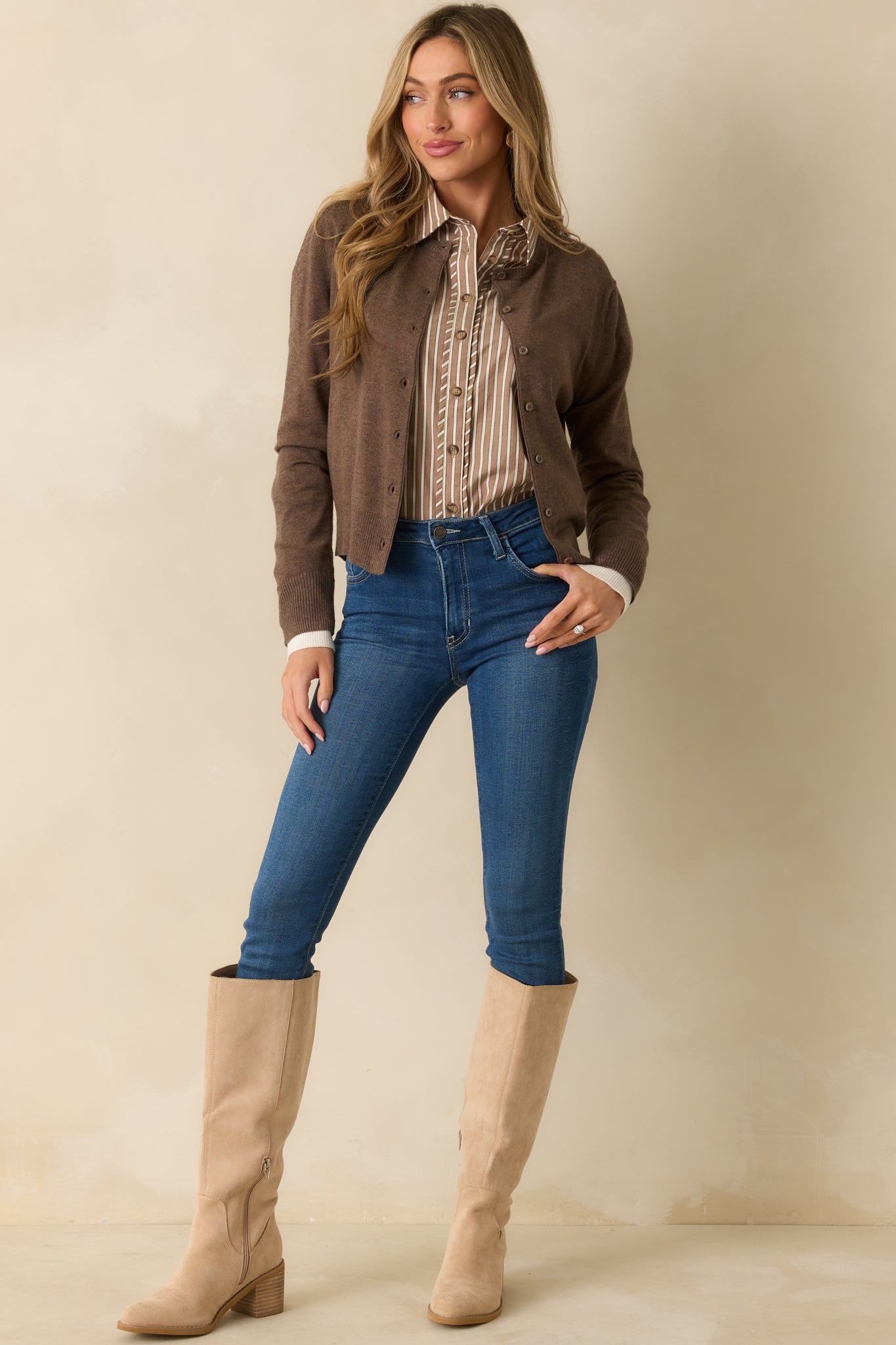 Keep Things Simple Brown Button Front Long Sleeve Cardigan