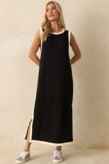 Perfectly Framed Black Jersey Knit Contrast Trim Sleeveless Maxi Dress