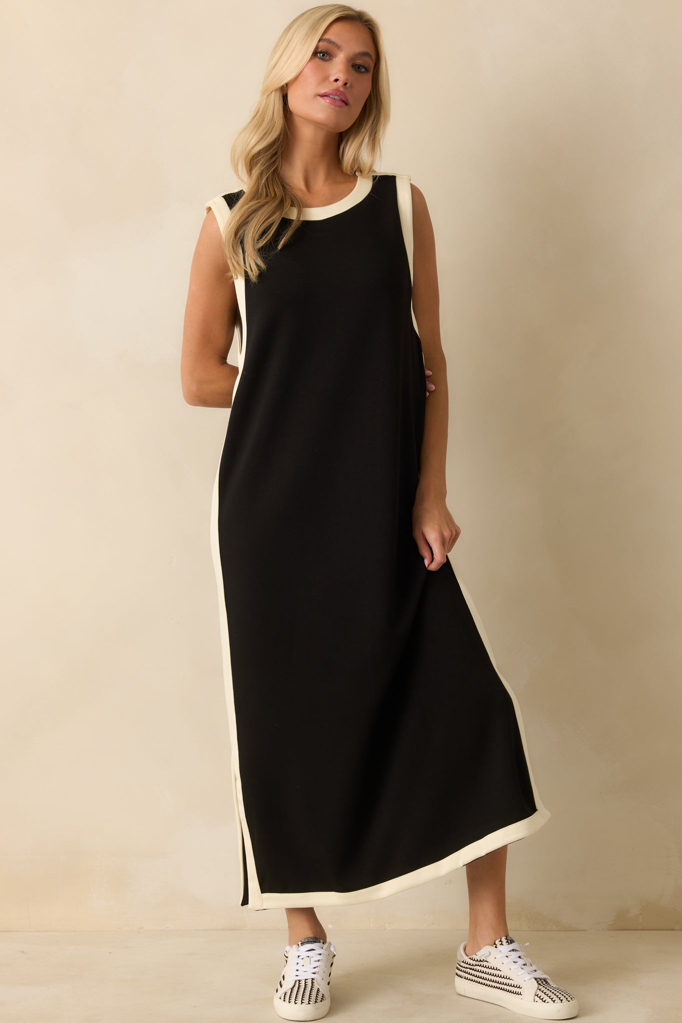 Perfectly Framed Black Jersey Knit Contrast Trim Sleeveless Maxi Dress