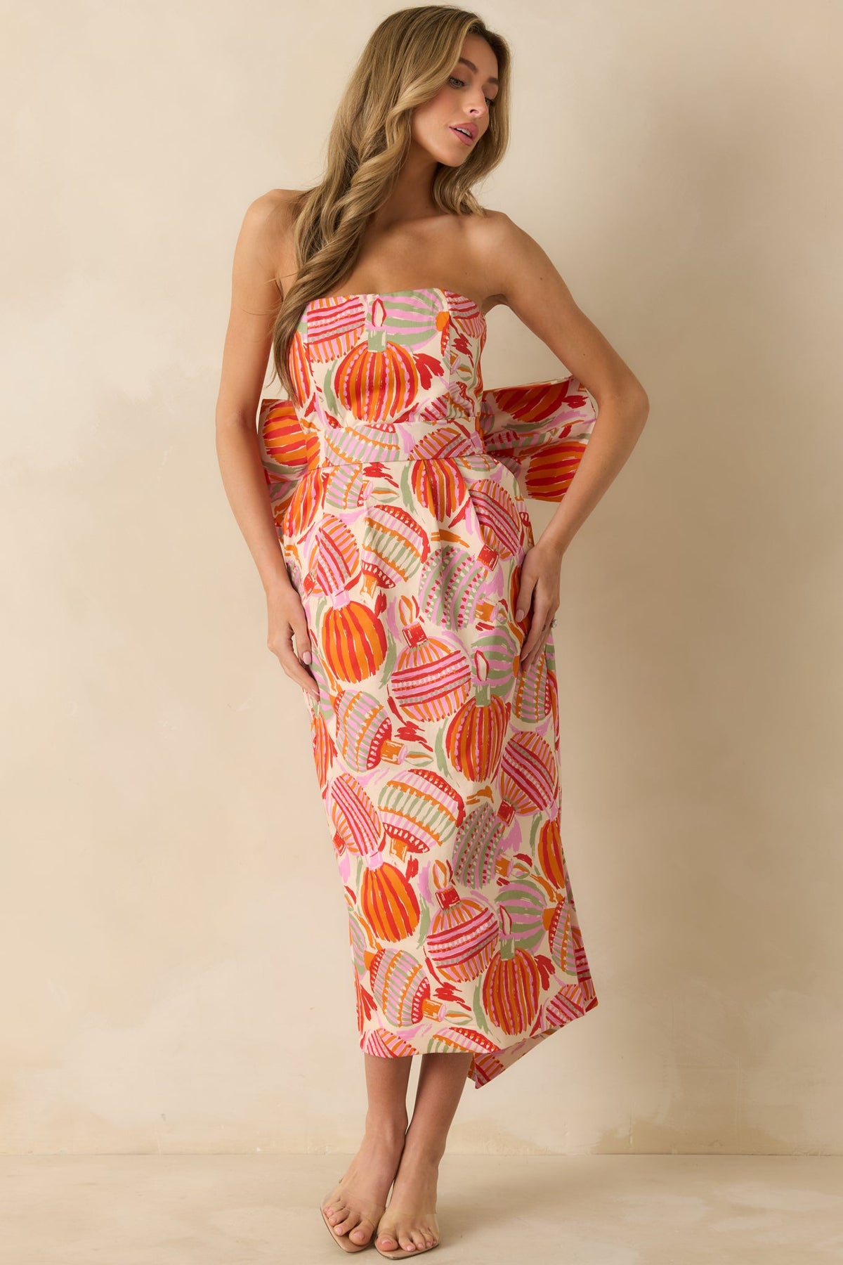Prosperina Lisette Pink Multi Cotton Ornament Print Strapless Midi Dress