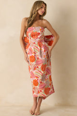 Prosperina Lisette Pink Multi Cotton Ornament Print Strapless Midi Dress