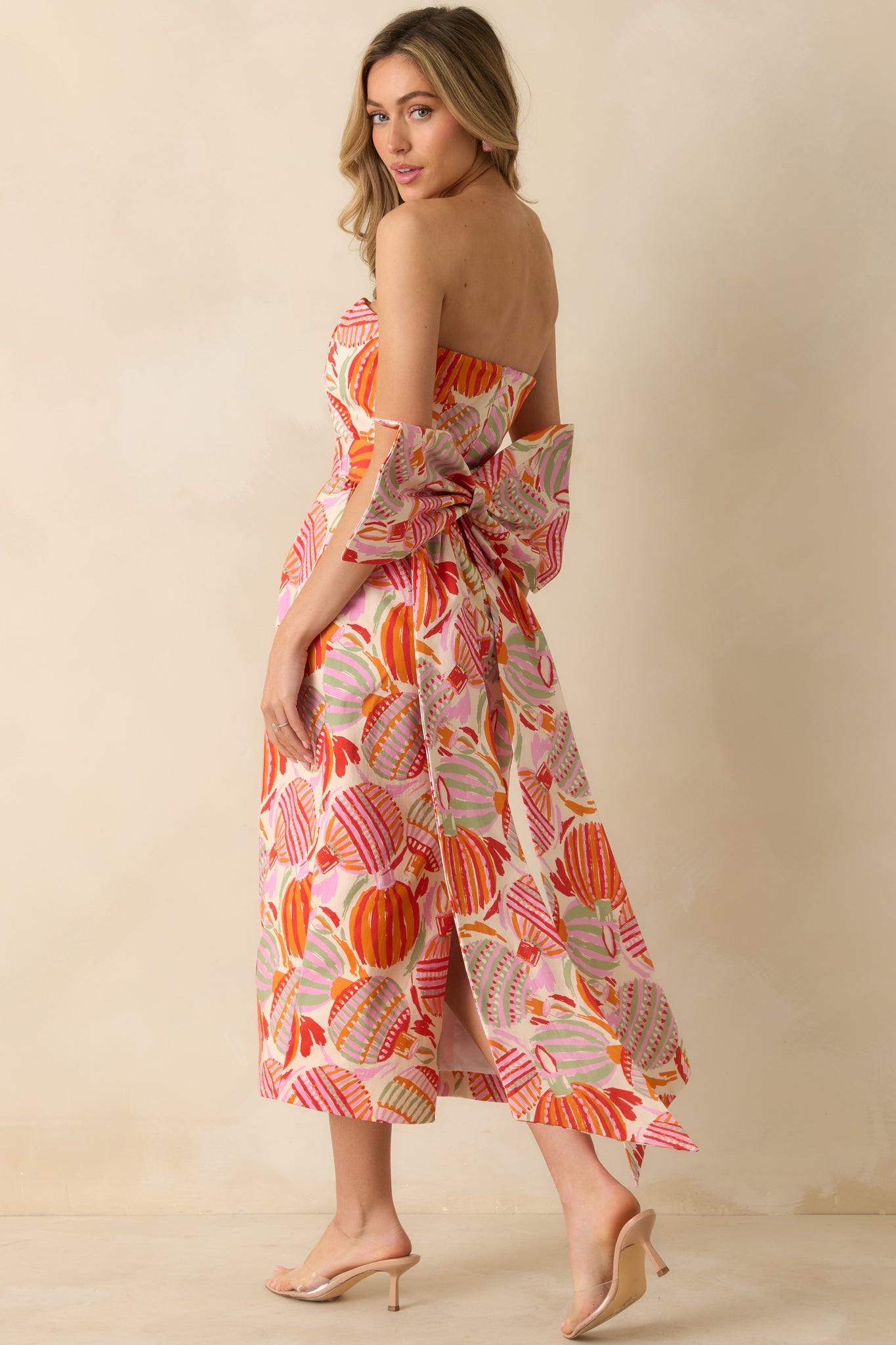 Prosperina Lisette Pink Multi Cotton Ornament Print Strapless Midi Dress