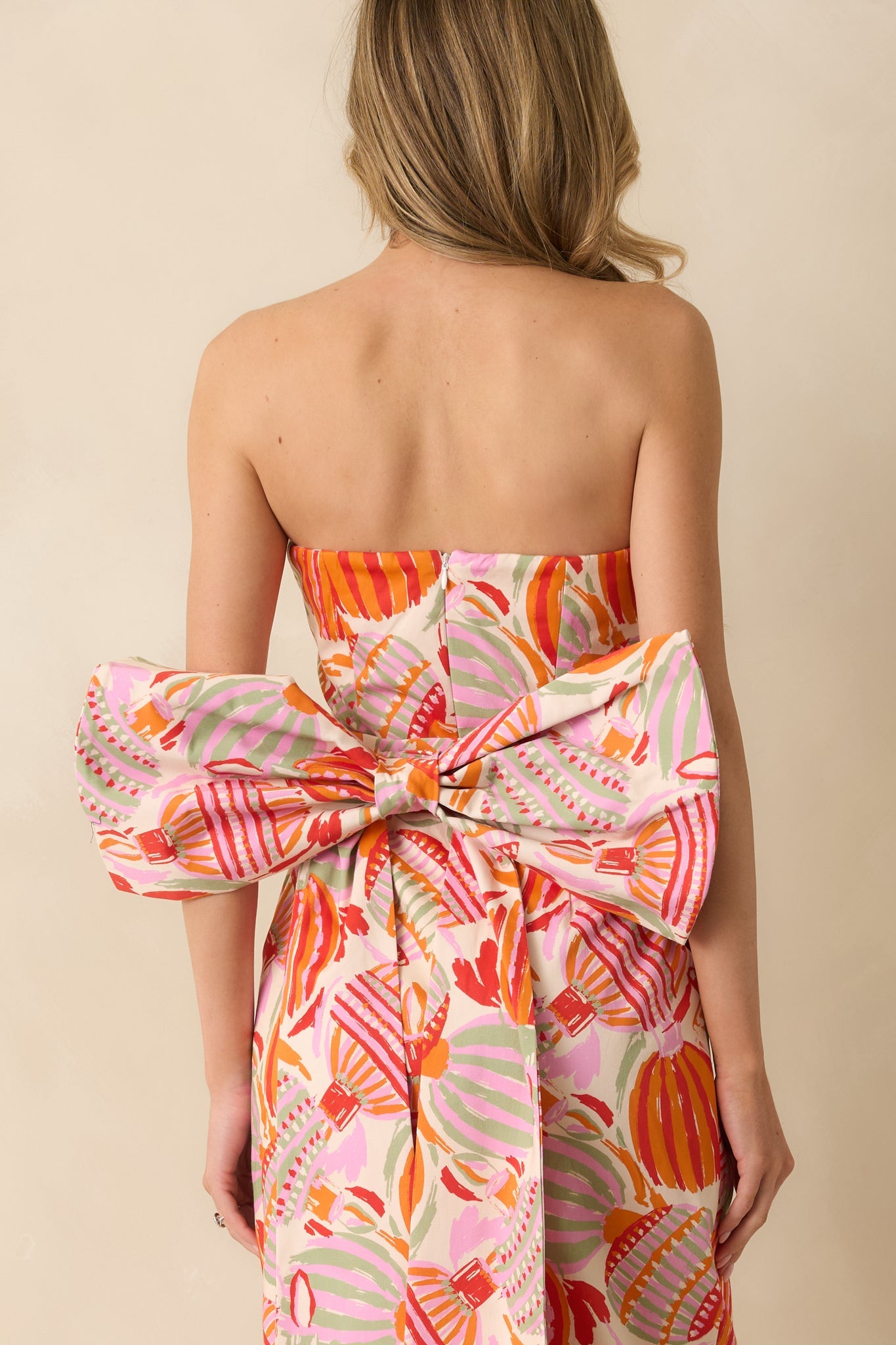 Prosperina Lisette Pink Multi Cotton Ornament Print Strapless Midi Dress
