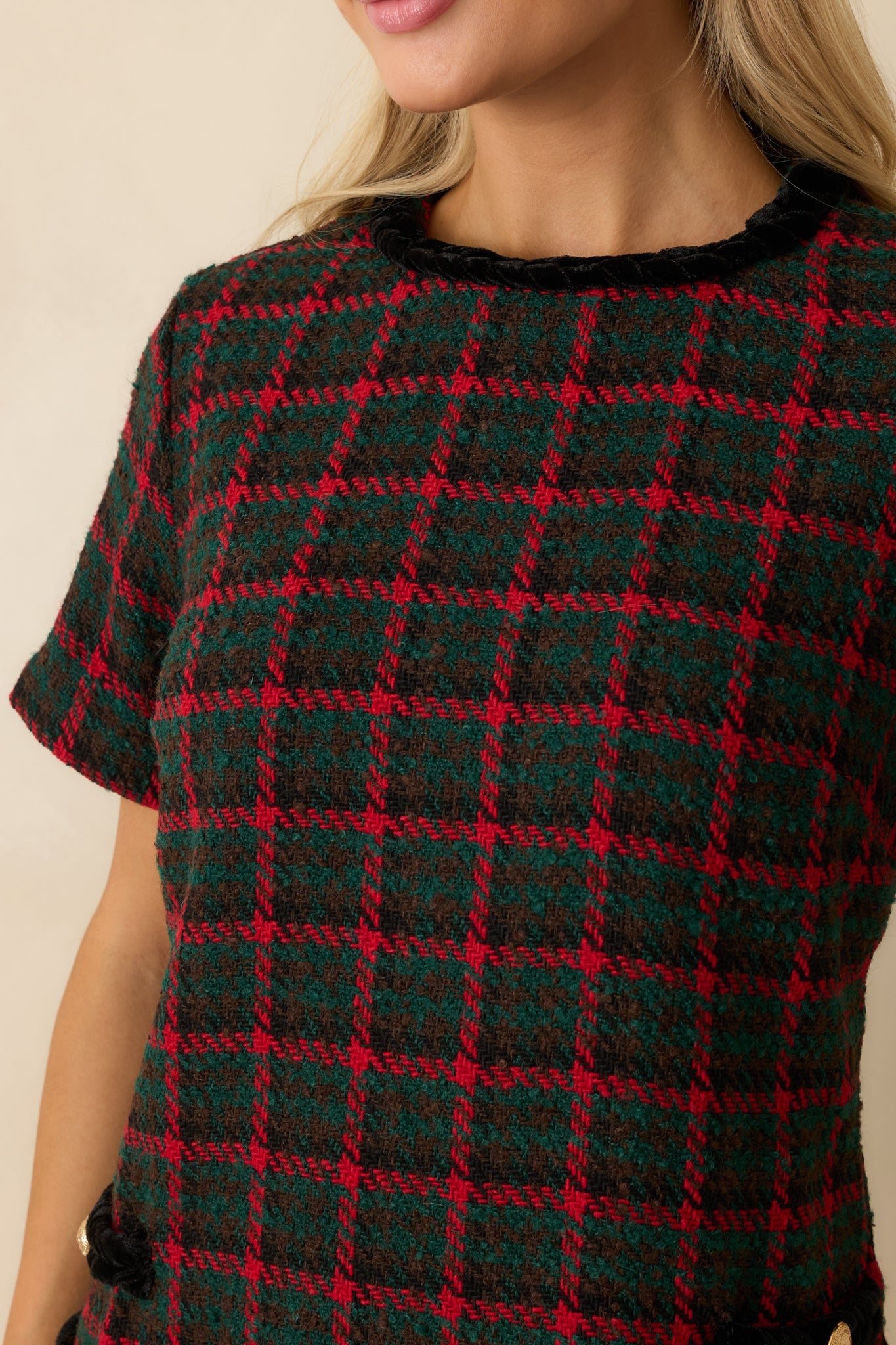 Prosperina Portia Green Multi Plaid Tweed Shift Dress
