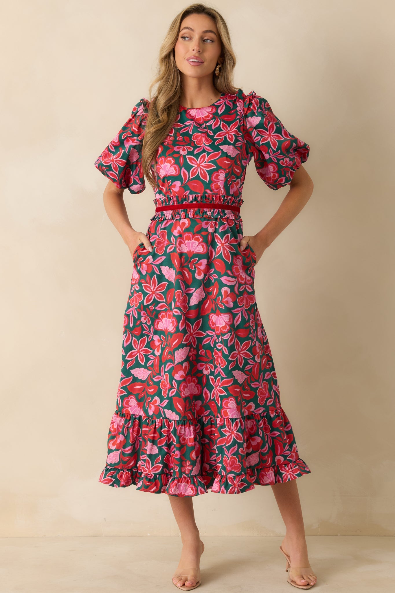 Prosperina Delphine Green & Pink Cotton Floral Print Maxi Dress