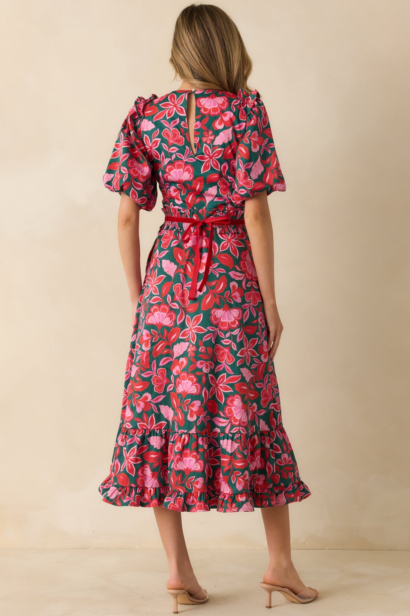 Prosperina Delphine Green & Pink Cotton Floral Print Maxi Dress