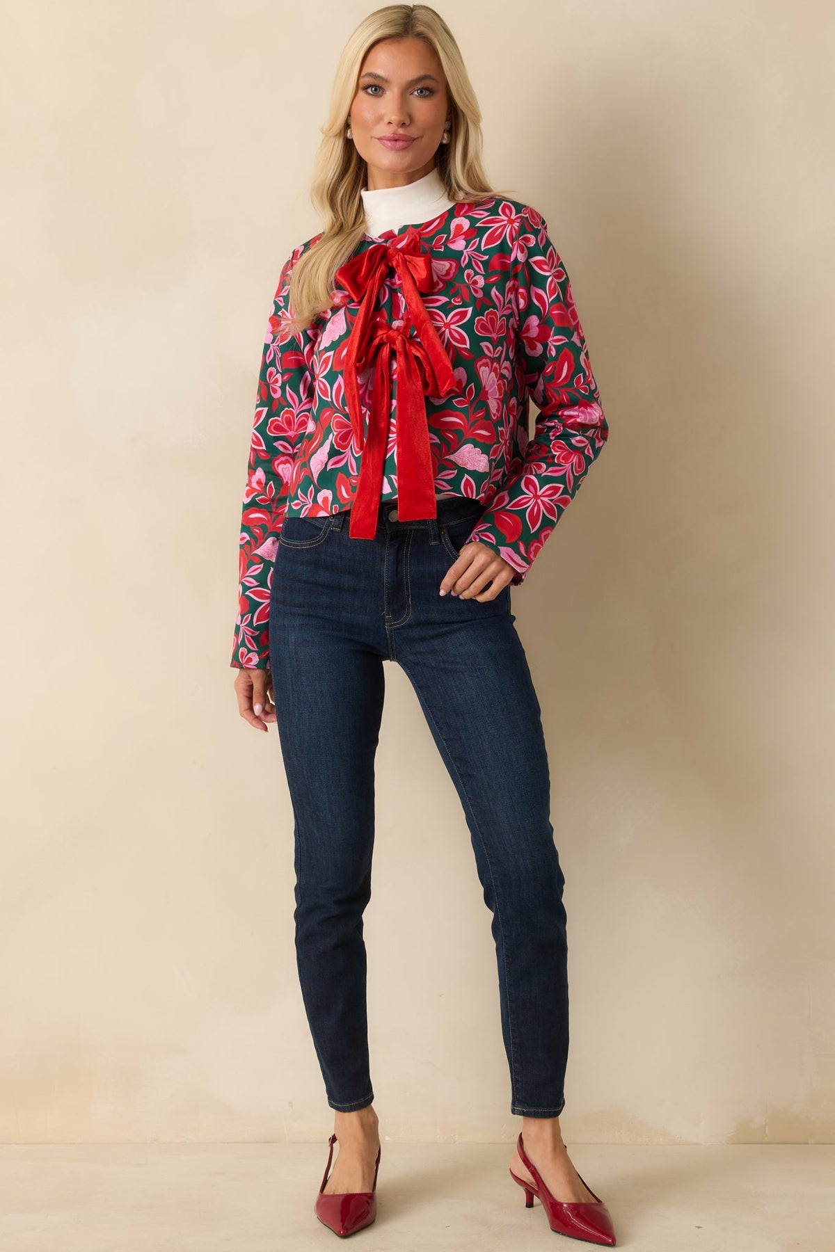 Prosperina Gala Green & Pink Cotton Floral Print Bow Jacket