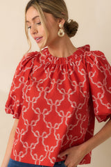 Prosperina Campbell Red Cotton Bow Print Puff Sleeve Tie Back Blouse
